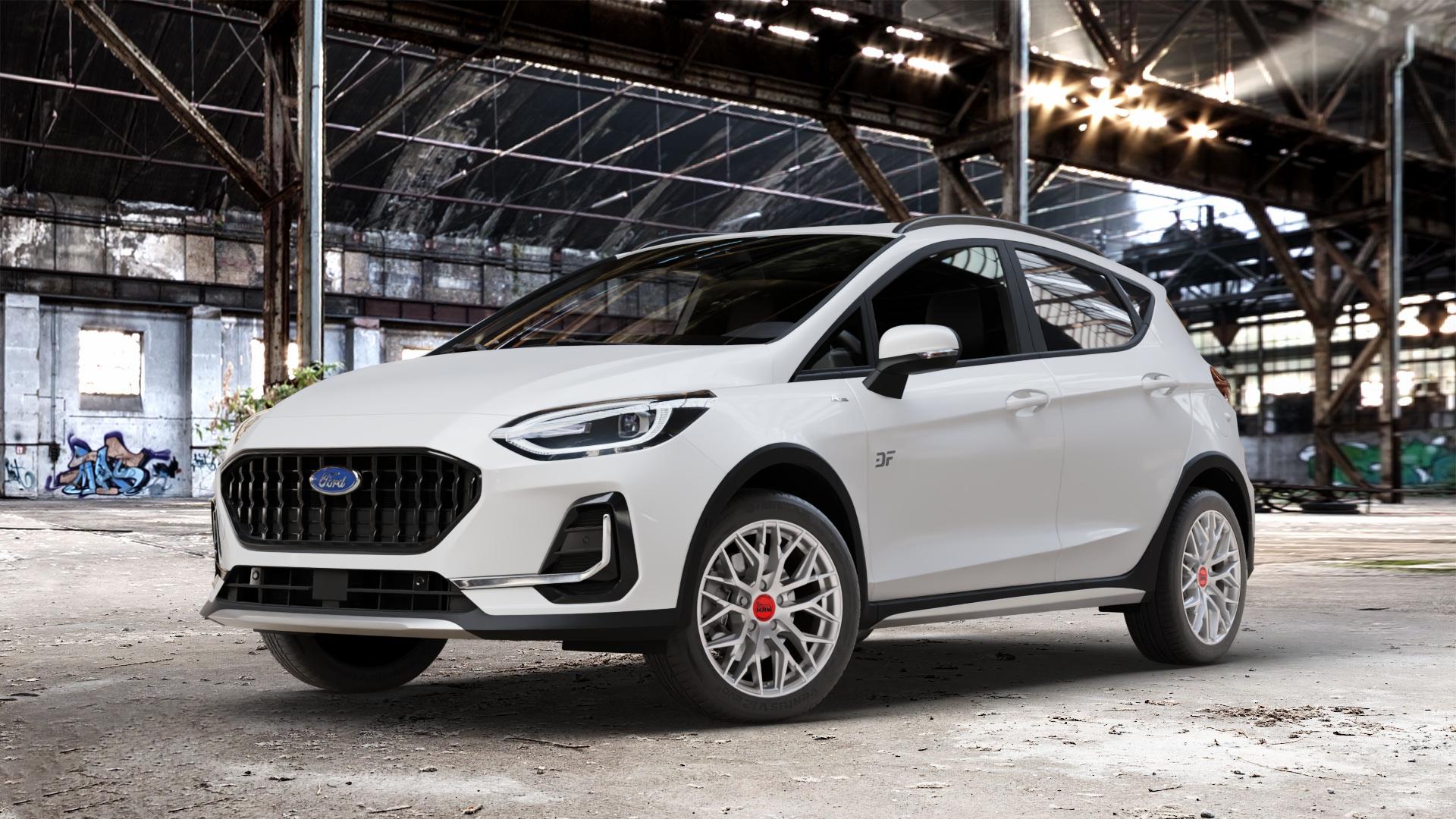 MAM RS4 MATT SILVER PAINTED Felge mit Reifen silber in 16Zoll Winterfelge Alufelge auf weissem Ford Fiesta VII Typ JHH Active Facelift ⬇️ mit 15mm Tieferlegung ⬇️ Old Industrial Hall_max_4400mm_2024 Frontansicht_1