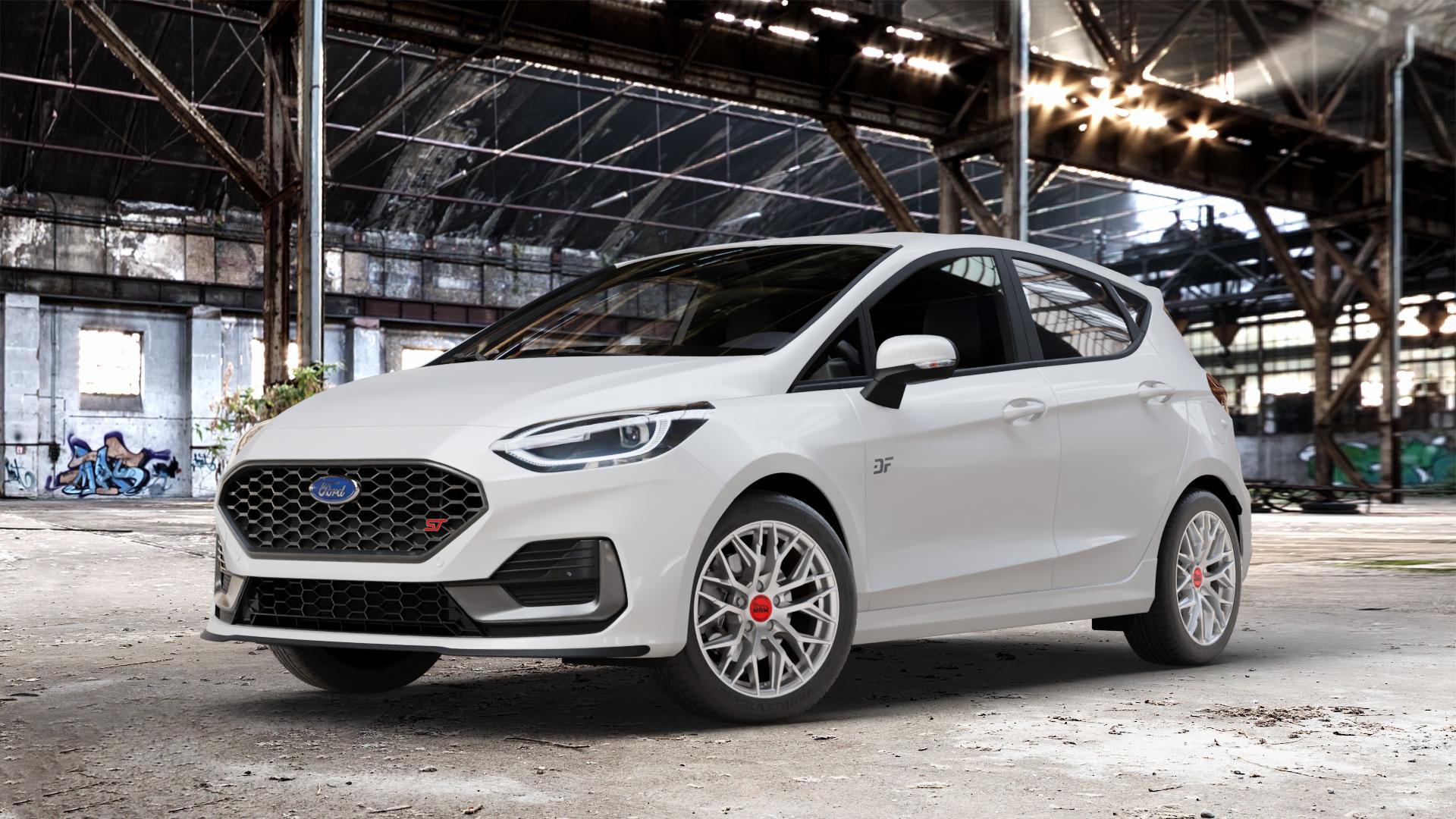 MAM RS4 MATT SILVER PAINTED Felge mit Reifen silber in 16Zoll Winterfelge Alufelge auf weissem Ford Fiesta VII Typ JHH Facelift 1,5l EcoBoost 147kW ST (200 PS) ⬇️ mit 15mm Tieferlegung ⬇️ Old Industrial Hall_max_4400mm_2024 Frontansicht_1