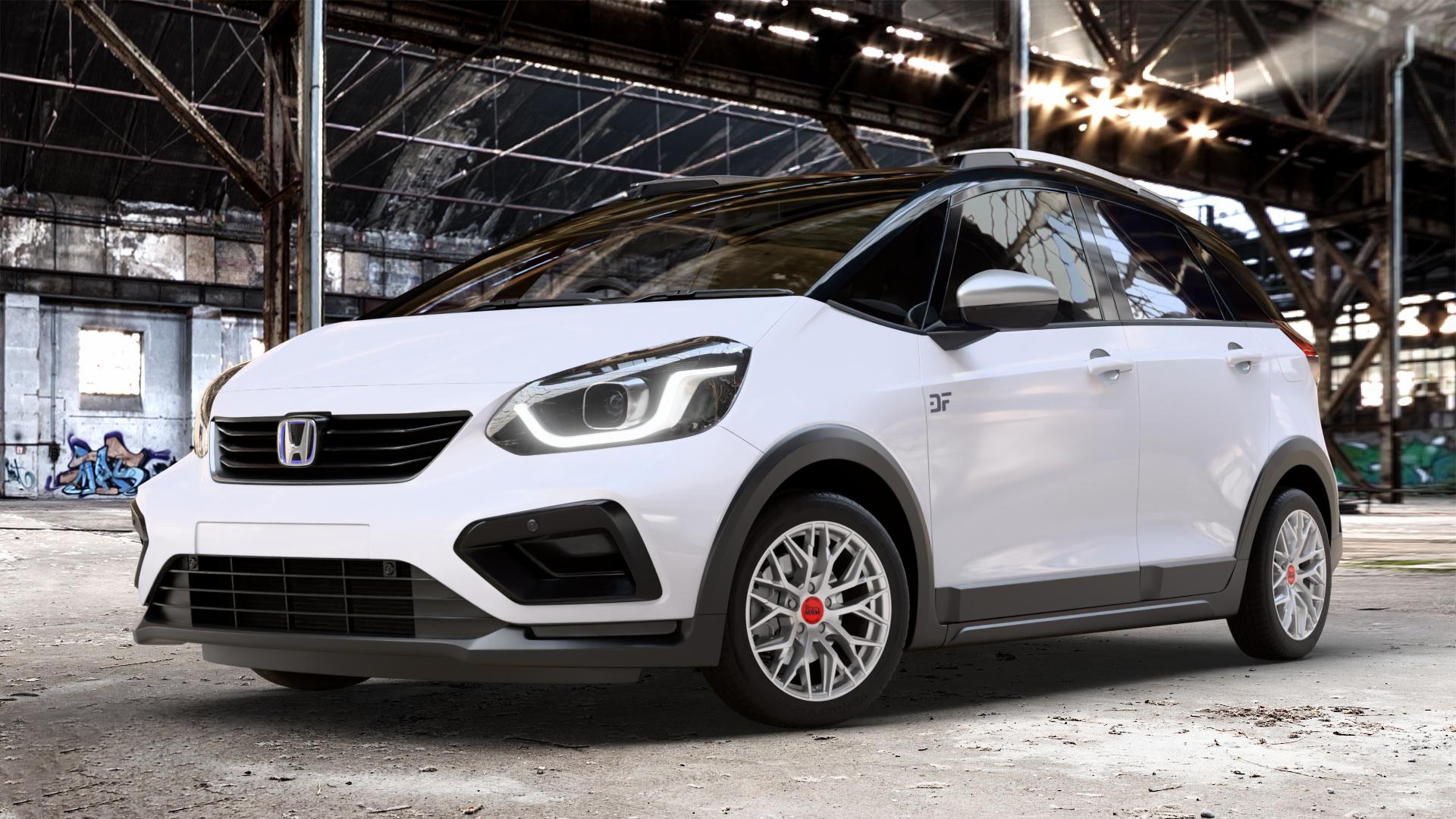 MAM RS4 MATT SILVER PAINTED Felge mit Reifen silber in 16Zoll Winterfelge Alufelge auf weissem Honda Jazz V Crosstar (GR) Facelift ⬇️ mit 15mm Tieferlegung ⬇️ Old Industrial Hall_max_4400mm_2024 Frontansicht_1