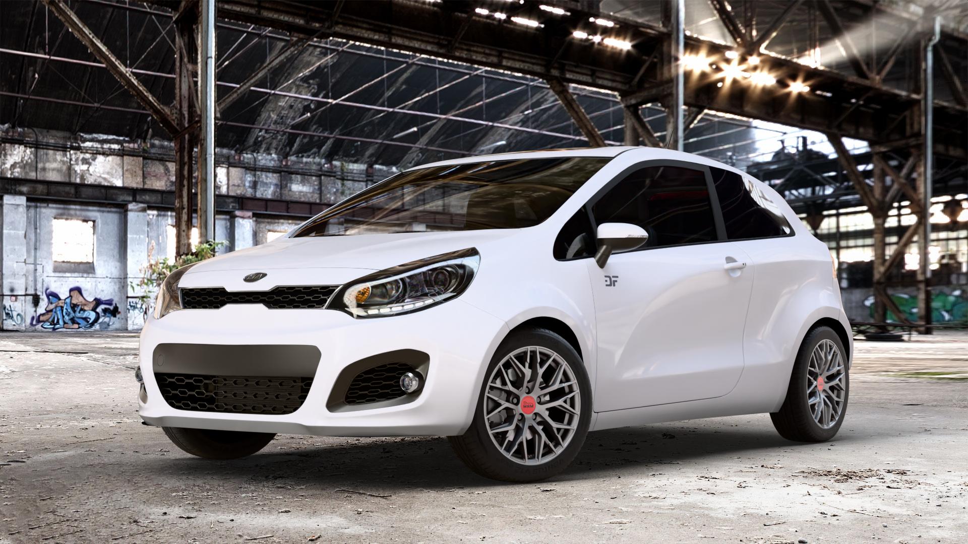 MAM RS4 MATT SILVER PAINTED Felge mit Reifen silber in 16Zoll Winterfelge Alufelge auf weissem Kia Rio III Typ UB ⬇️ mit 15mm Tieferlegung ⬇️ Old Industrial Hall_max_4400mm_2024 Frontansicht_1
