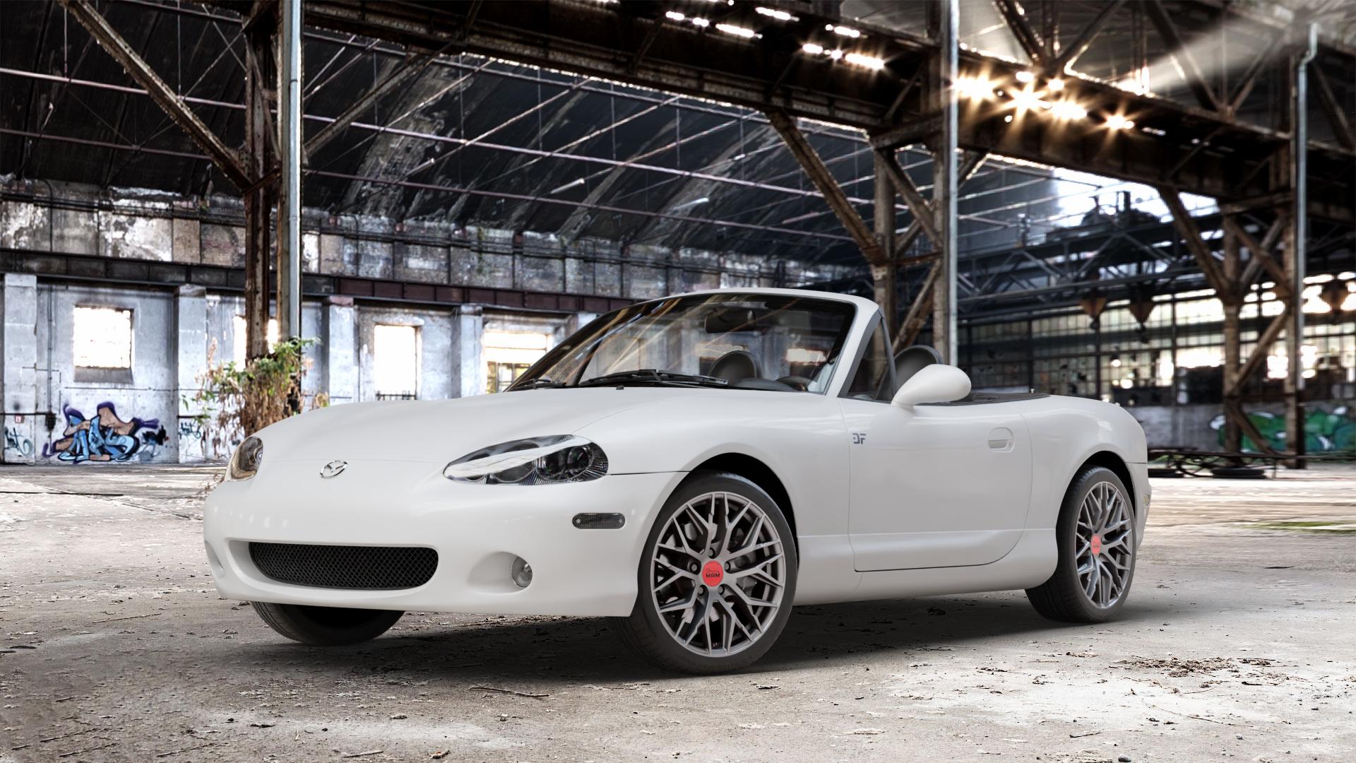 MAM RS4 MATT SILVER PAINTED Felge mit Reifen silber in 16Zoll Winterfelge Alufelge auf weissem Mazda MX-5 II (NB) ⬇️ mit 15mm Tieferlegung ⬇️ Old Industrial Hall_max_4400mm_2024 Frontansicht_1