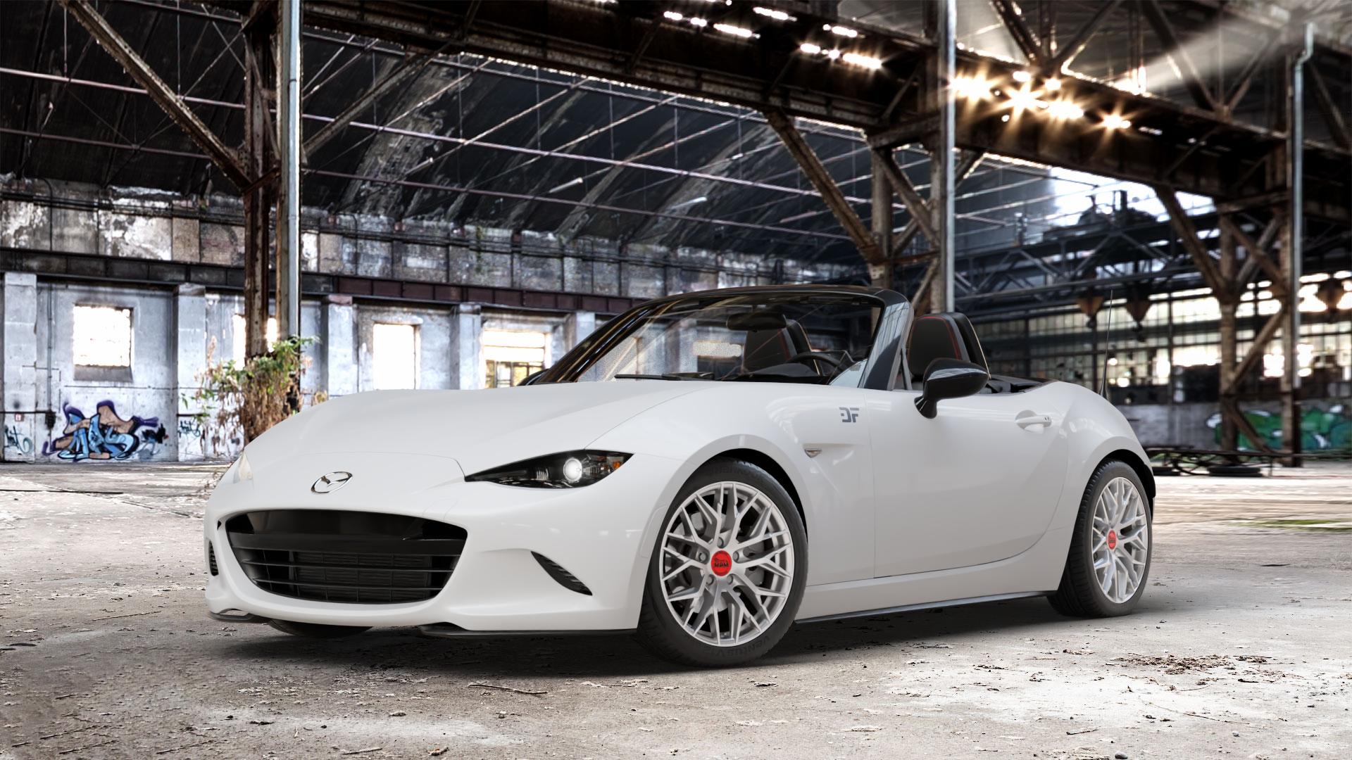 MAM RS4 MATT SILVER PAINTED Felge mit Reifen silber in 16Zoll Winterfelge Alufelge auf weissem Mazda MX-5 IV (ND) ⬇️ mit 15mm Tieferlegung ⬇️ Old Industrial Hall_max_4400mm_2024 Frontansicht_1