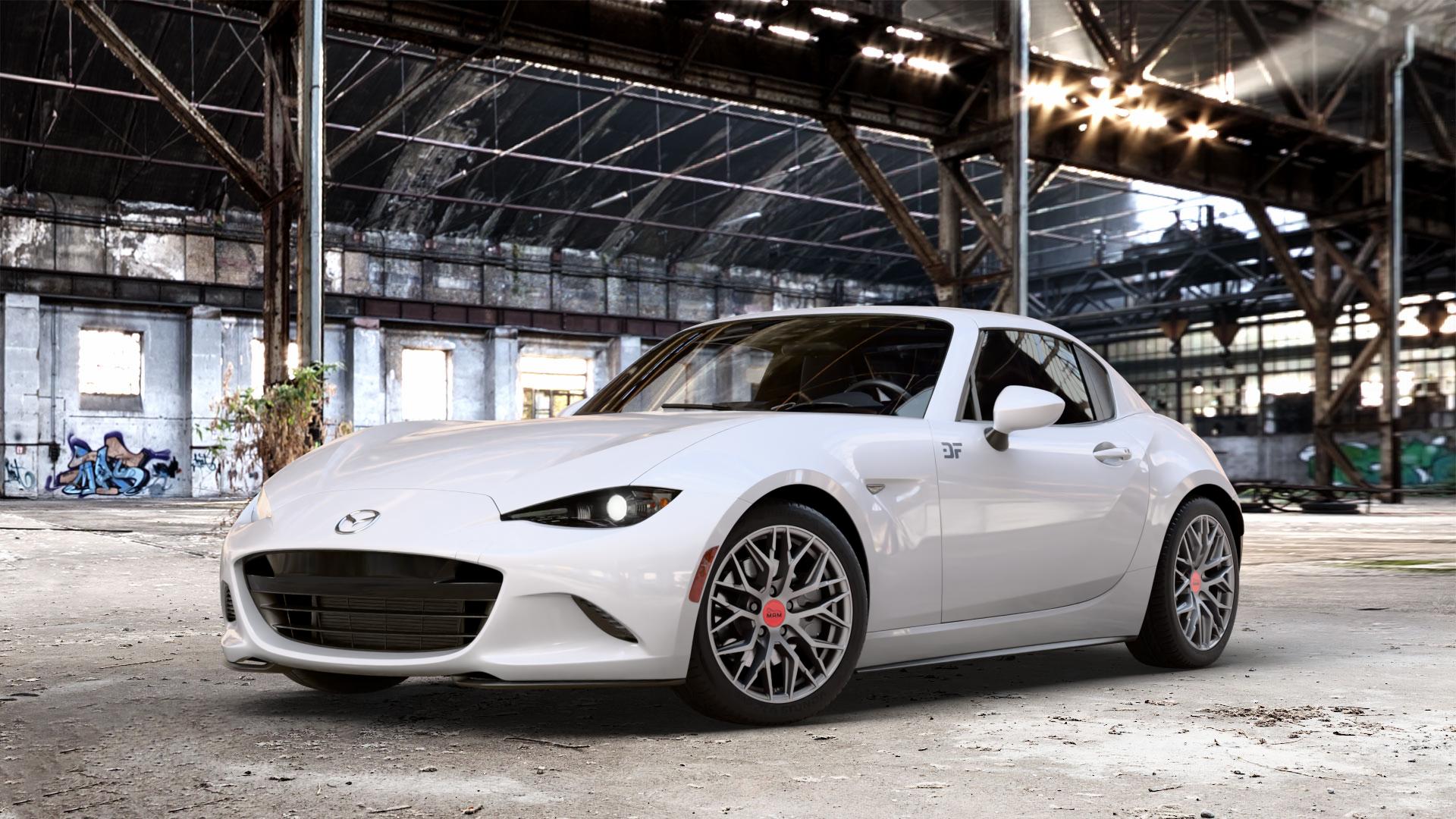 MAM RS4 MATT SILVER PAINTED Felge mit Reifen silber in 16Zoll Winterfelge Alufelge auf weissem Mazda MX-5 IV RF (ND) ⬇️ mit 15mm Tieferlegung ⬇️ Old Industrial Hall_max_4400mm_2024 Frontansicht_1