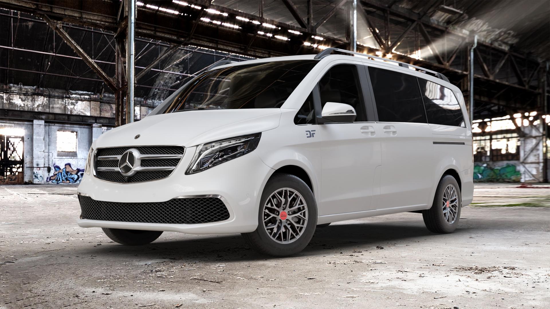 MAM RS4 MATT SILVER PAINTED Felge mit Reifen silber in 16Zoll Winterfelge Alufelge auf weissem Mercedes V-Klasse Typ W447 Facelift Marco Polo Vito Tourer ⬇️ mit 15mm Tieferlegung ⬇️ Old Industrial Hall_max_5300mm_2024 Frontansicht_1