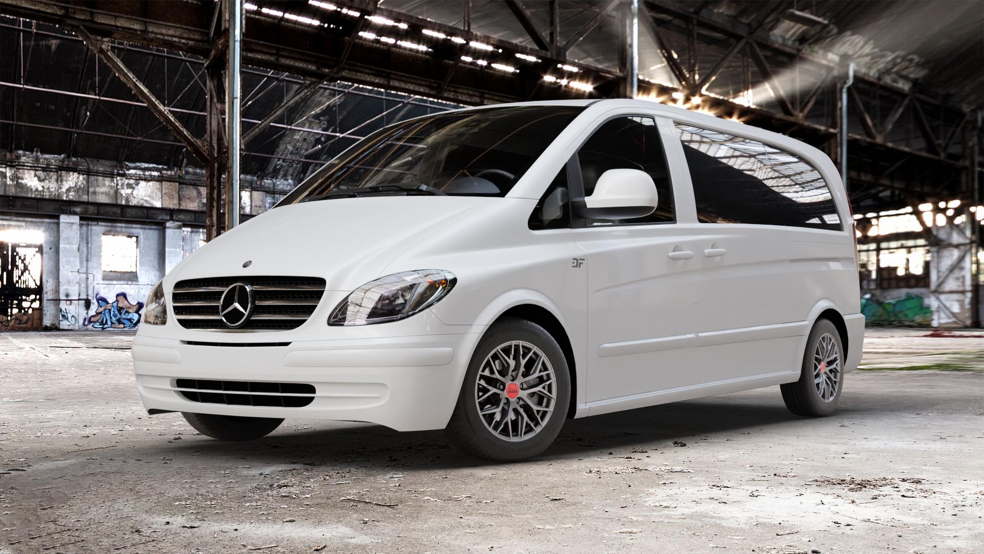 MAM RS4 MATT SILVER PAINTED Felge mit Reifen silber in 16Zoll Winterfelge Alufelge auf weissem Mercedes Vito Bus Typ W639 Viano ⬇️ mit 15mm Tieferlegung ⬇️ Old Industrial Hall_max_5300mm_2024 Frontansicht_1