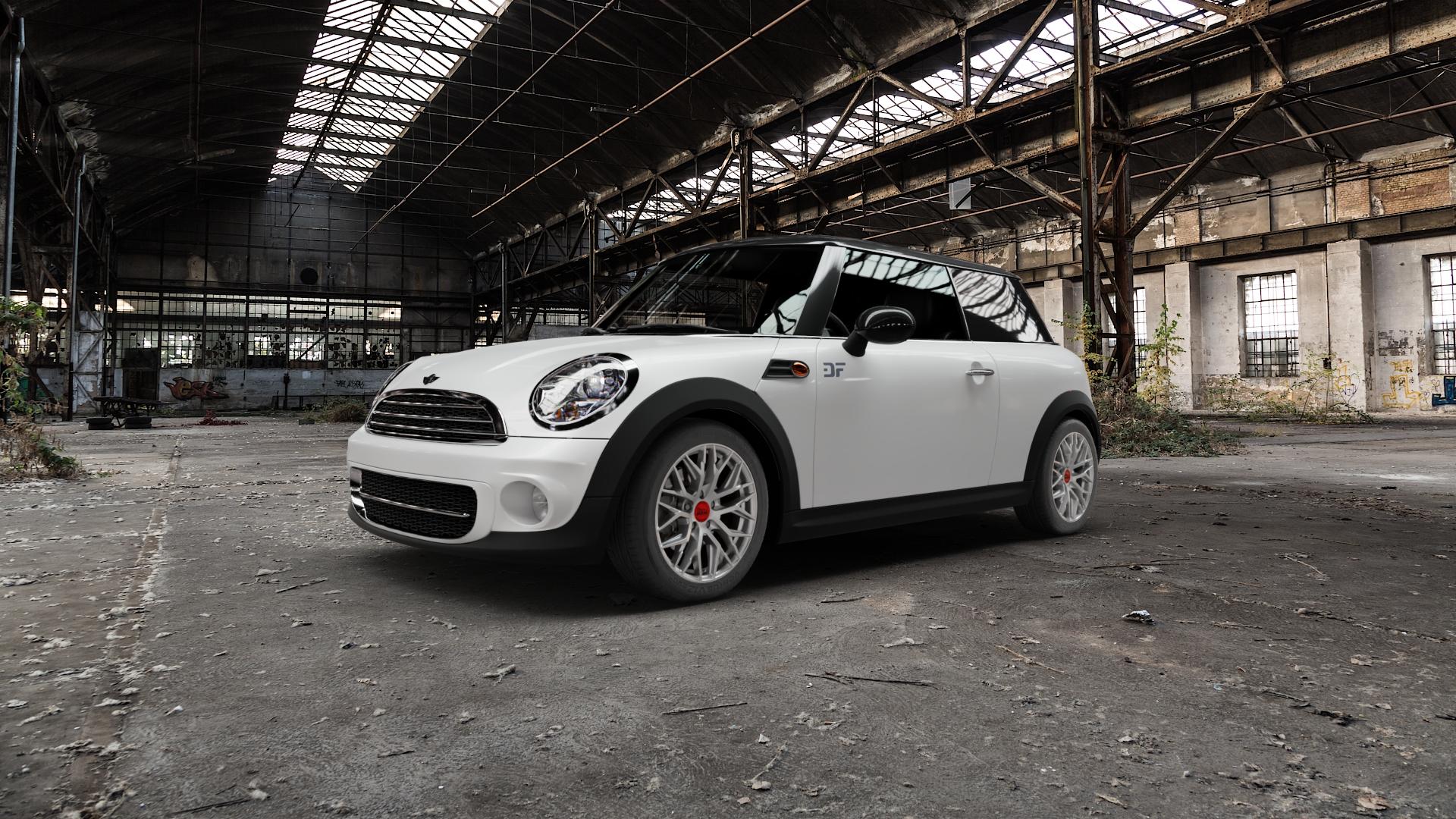 MAM RS4 MATT SILVER PAINTED Felge mit Reifen silber in 16Zoll Winterfelge Alufelge auf weissem Mini R56 Typ UKL-L (Limousine) MINI-N ⬇️ mit 15mm Tieferlegung ⬇️ Old Industrial Hall_max5000mm_2022 Frontansicht_1