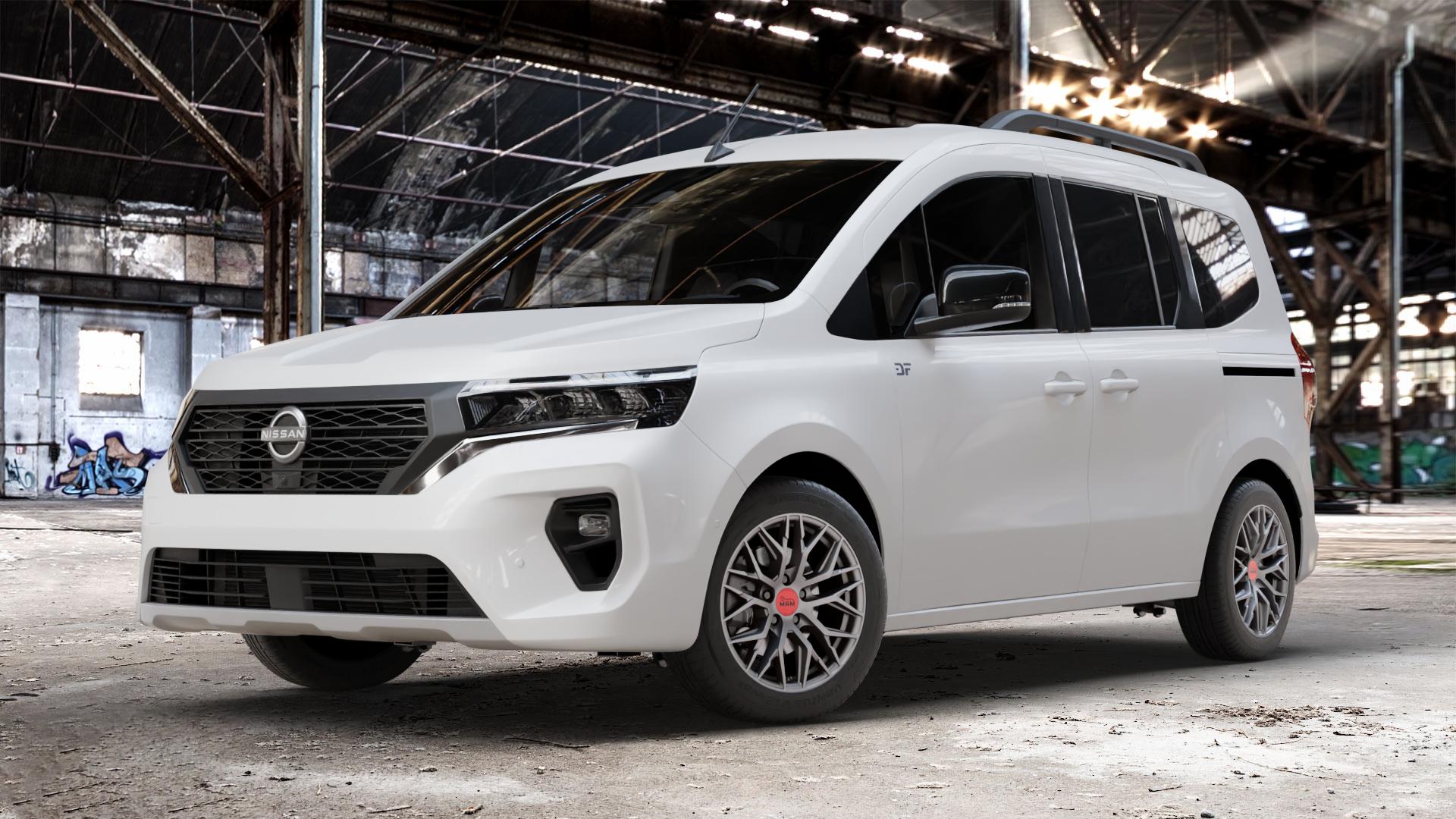 MAM RS4 MATT SILVER PAINTED Felge mit Reifen silber in 16Zoll Winterfelge Alufelge auf weissem Nissan Townstar Typ NFK ⬇️ mit 15mm Tieferlegung ⬇️ Old Industrial Hall_max_4400mm_2024 Frontansicht_1