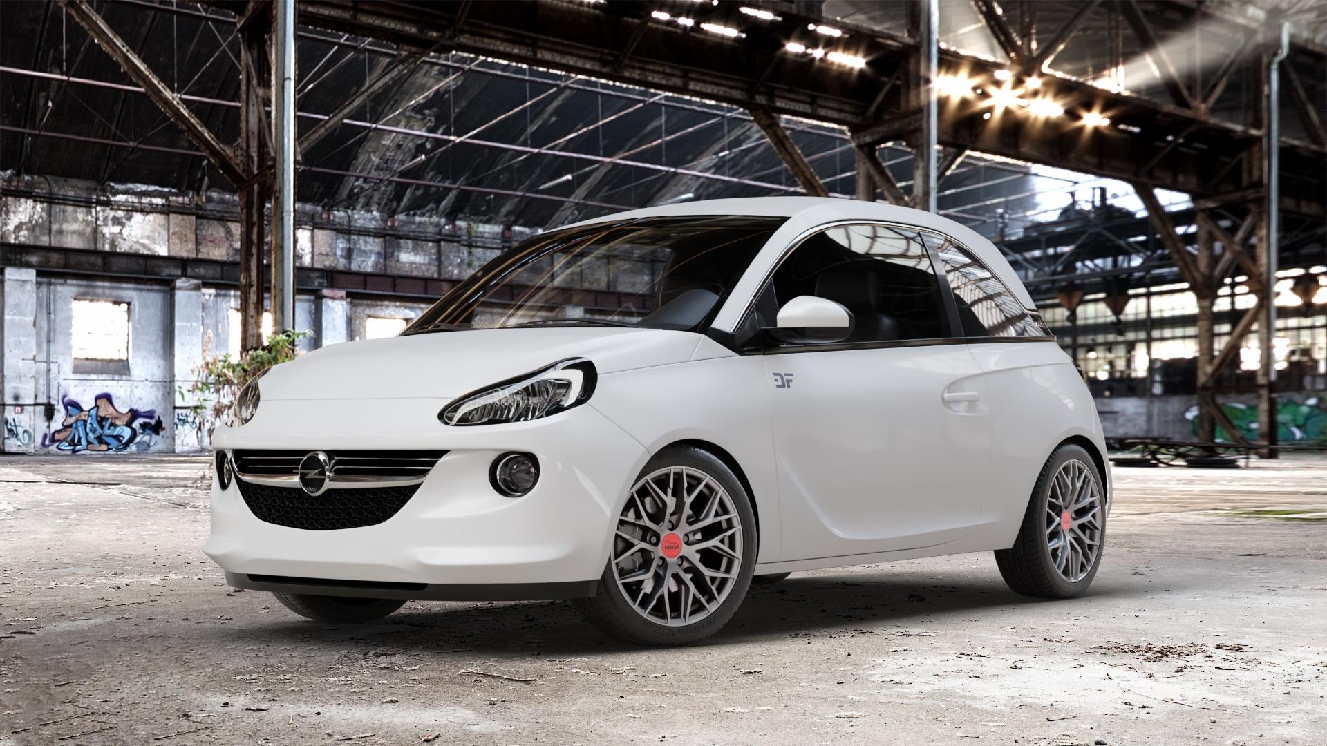 MAM RS4 MATT SILVER PAINTED Felge mit Reifen silber in 16Zoll Winterfelge Alufelge auf weissem Opel Adam ⬇️ mit 15mm Tieferlegung ⬇️ Old Industrial Hall_max_4400mm_2024 Frontansicht_1