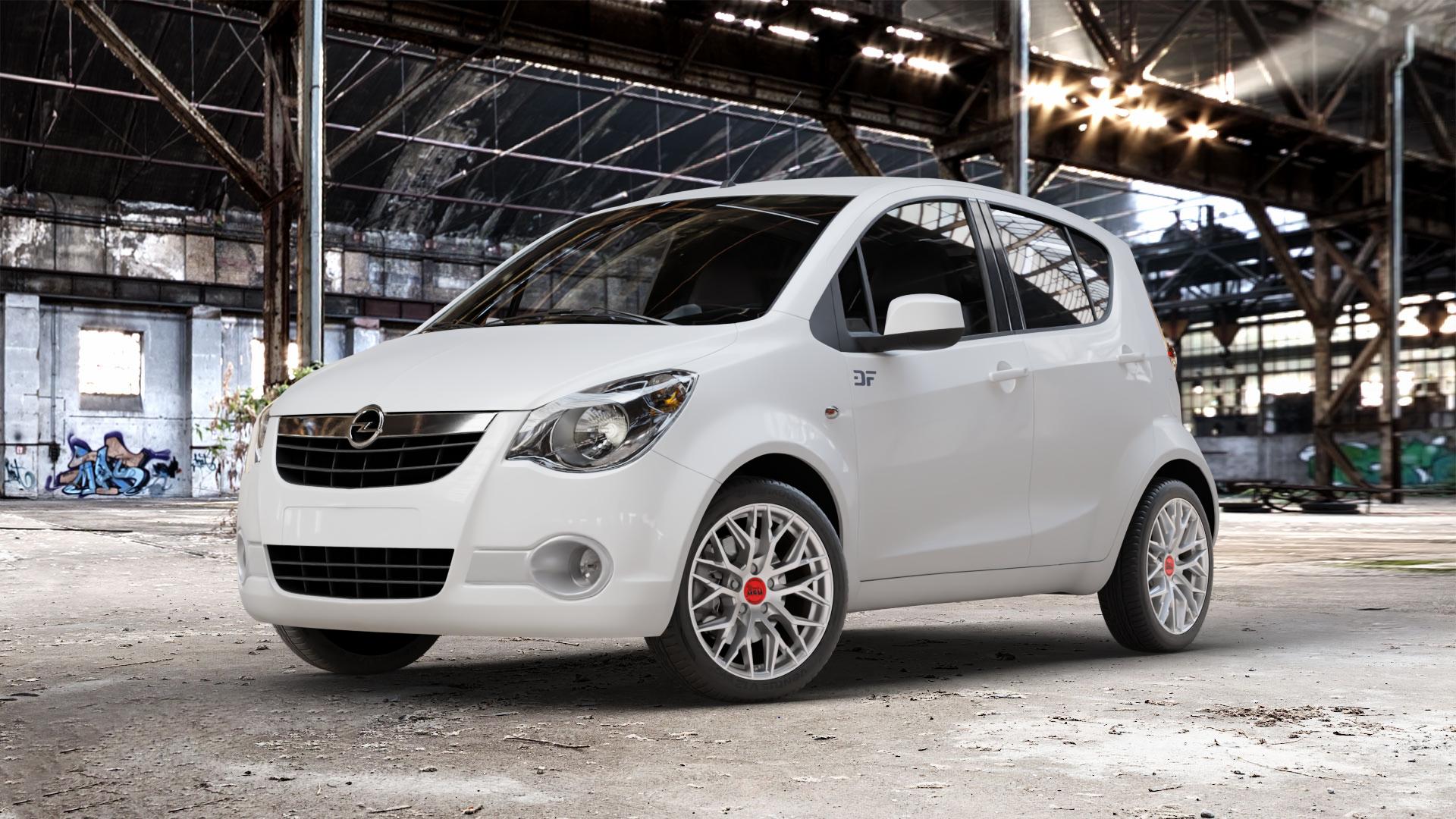 MAM RS4 MATT SILVER PAINTED Felge mit Reifen silber in 16Zoll Winterfelge Alufelge auf weissem Opel Agila Typ H-B ⬇️ mit 15mm Tieferlegung ⬇️ Old Industrial Hall_max_4400mm_2024 Frontansicht_1