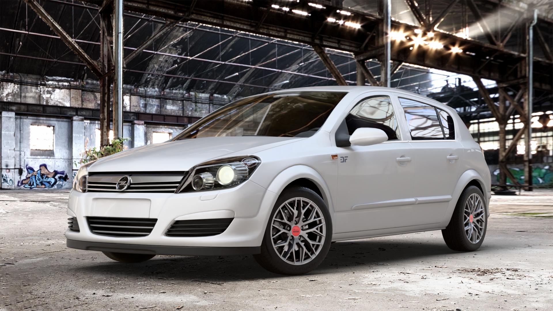 MAM RS4 MATT SILVER PAINTED Felge mit Reifen silber in 16Zoll Winterfelge Alufelge auf weissem Opel Astra H Stufenheck Typ A-H/NB ⬇️ mit 15mm Tieferlegung ⬇️ Old Industrial Hall_max_4400mm_2024 Frontansicht_1