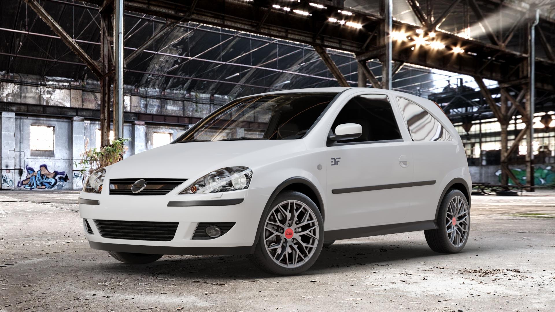 MAM RS4 MATT SILVER PAINTED Felge mit Reifen silber in 16Zoll Winterfelge Alufelge auf weissem Opel Corsa C Typ CORSA-C ⬇️ mit 15mm Tieferlegung ⬇️ Old Industrial Hall_max_4400mm_2024 Frontansicht_1