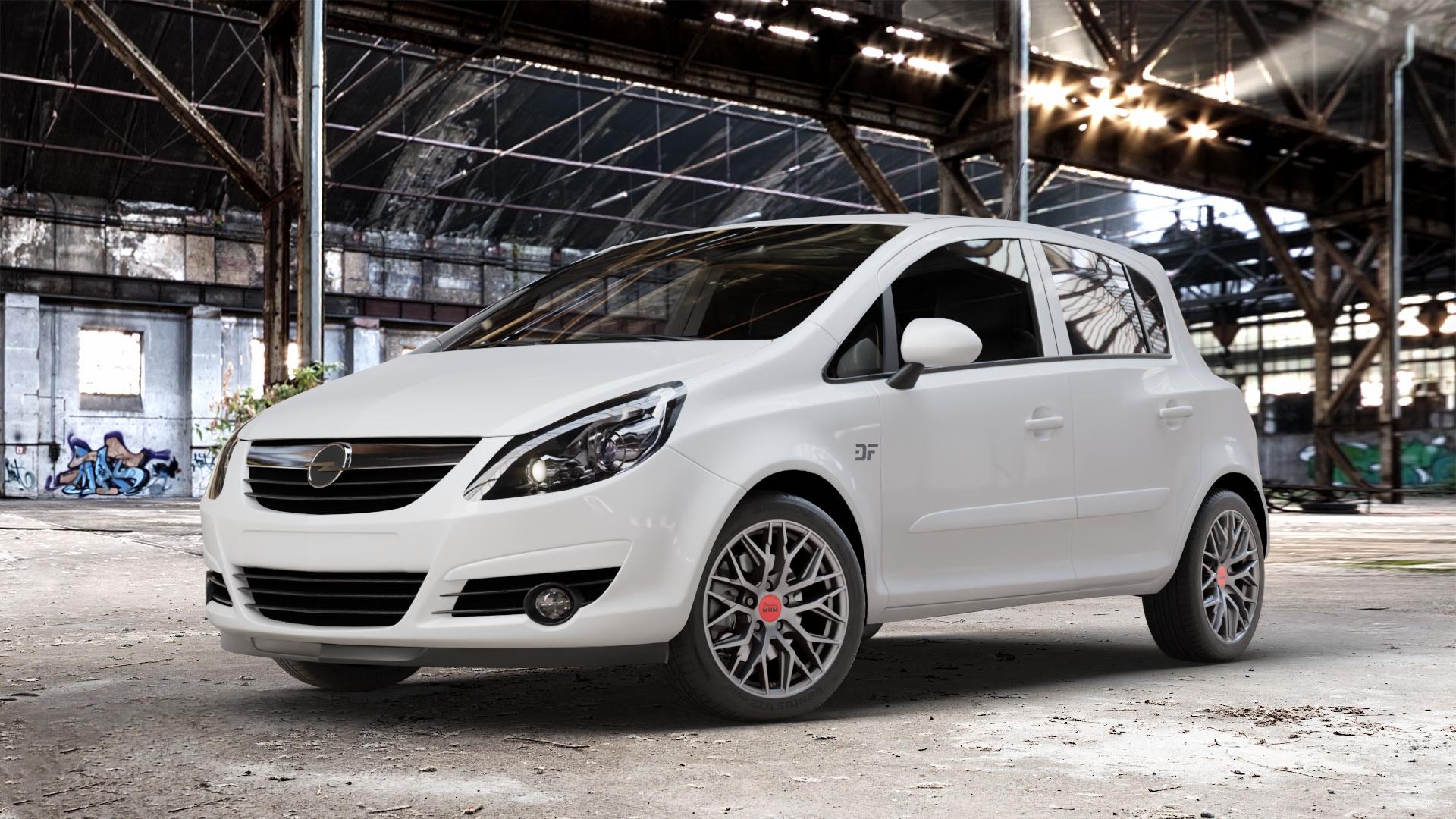 MAM RS4 MATT SILVER PAINTED Felge mit Reifen silber in 16Zoll Winterfelge Alufelge auf weissem Opel Corsa D Typ S-D ⬇️ mit 15mm Tieferlegung ⬇️ Old Industrial Hall_max_4400mm_2024 Frontansicht_1