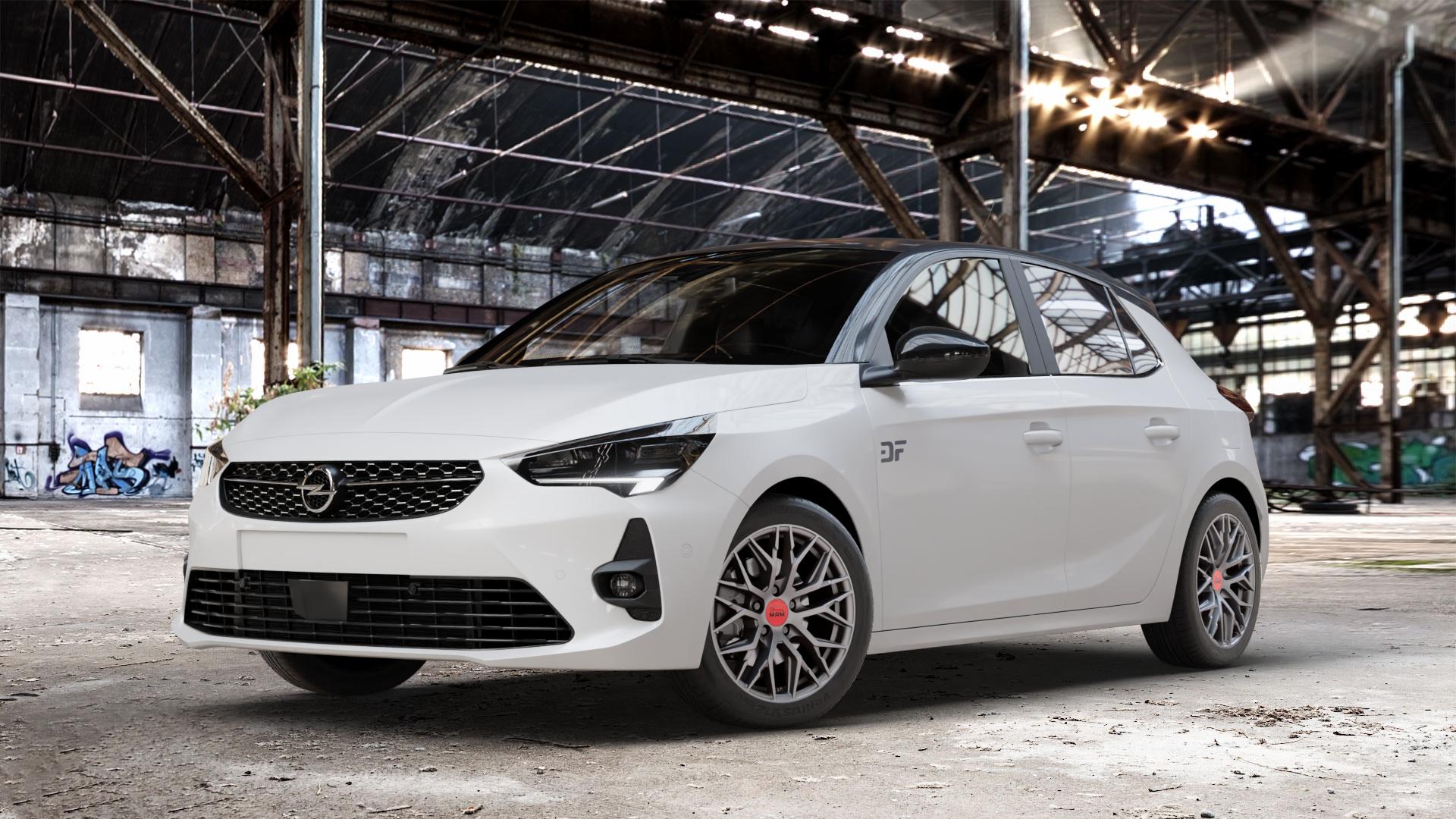 MAM RS4 MATT SILVER PAINTED Felge mit Reifen silber in 16Zoll Winterfelge Alufelge auf weissem Opel Corsa F Typ U ⬇️ mit 15mm Tieferlegung ⬇️ Old Industrial Hall_max_4400mm_2024 Frontansicht_1