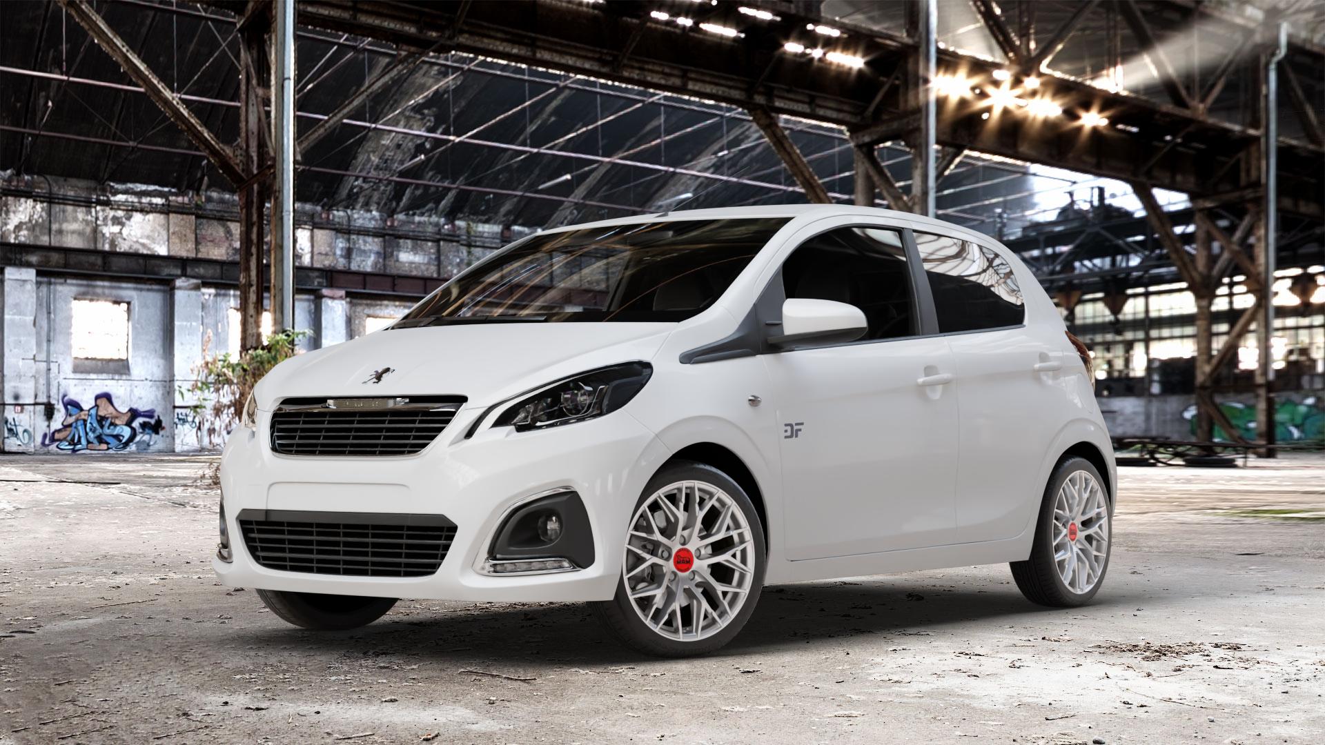MAM RS4 MATT SILVER PAINTED Felge mit Reifen silber in 16Zoll Winterfelge Alufelge auf weissem Peugeot 108 ⬇️ mit 15mm Tieferlegung ⬇️ Old Industrial Hall_max_4400mm_2024 Frontansicht_1