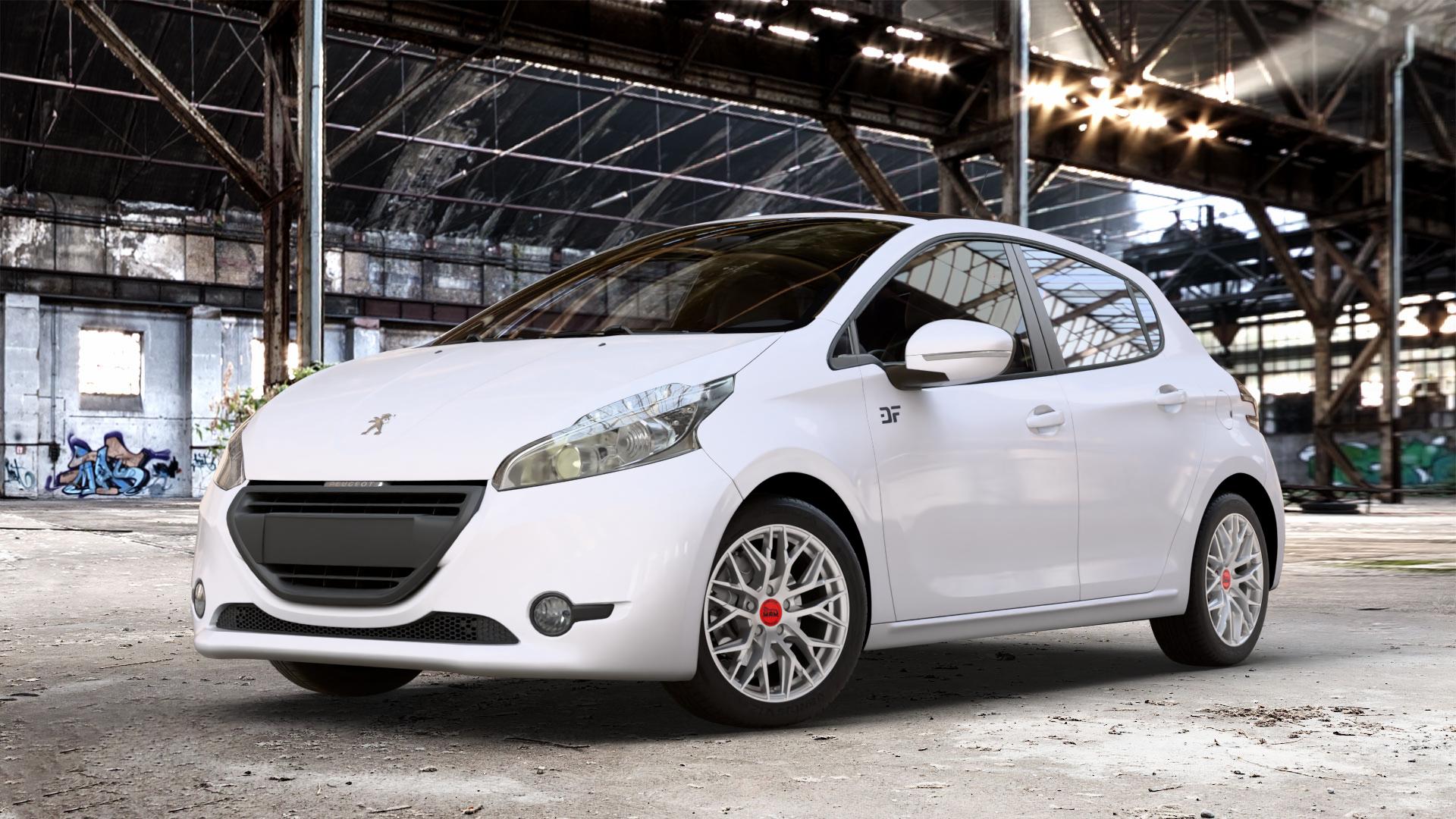 MAM RS4 MATT SILVER PAINTED Felge mit Reifen silber in 16Zoll Winterfelge Alufelge auf weissem Peugeot 208 Typ C ⬇️ mit 15mm Tieferlegung ⬇️ Old Industrial Hall_max_4400mm_2024 Frontansicht_1