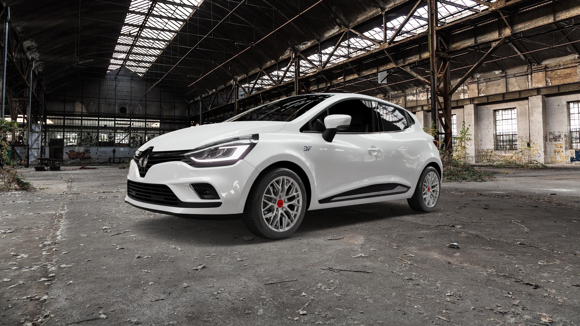 MAM RS4 MATT SILVER PAINTED Felge mit Reifen silber in 16Zoll Winterfelge Alufelge auf weissem Renault Clio IV Typ R Facelift ⬇️ mit 15mm Tieferlegung ⬇️ Old Industrial Hall_max5000mm_2022 Frontansicht_1
