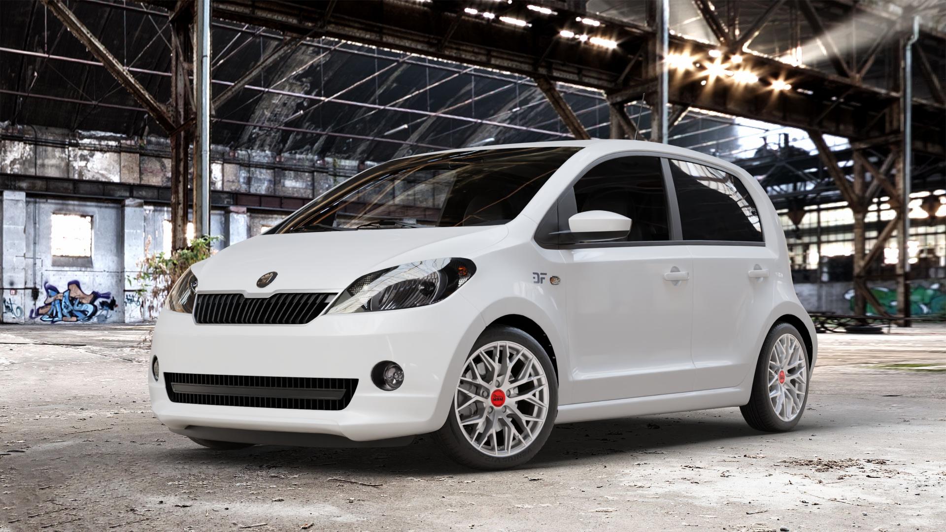 MAM RS4 MATT SILVER PAINTED Felge mit Reifen silber in 16Zoll Winterfelge Alufelge auf weissem Skoda Citigo Typ AA ⬇️ mit 15mm Tieferlegung ⬇️ Old Industrial Hall_max_4400mm_2024 Frontansicht_1