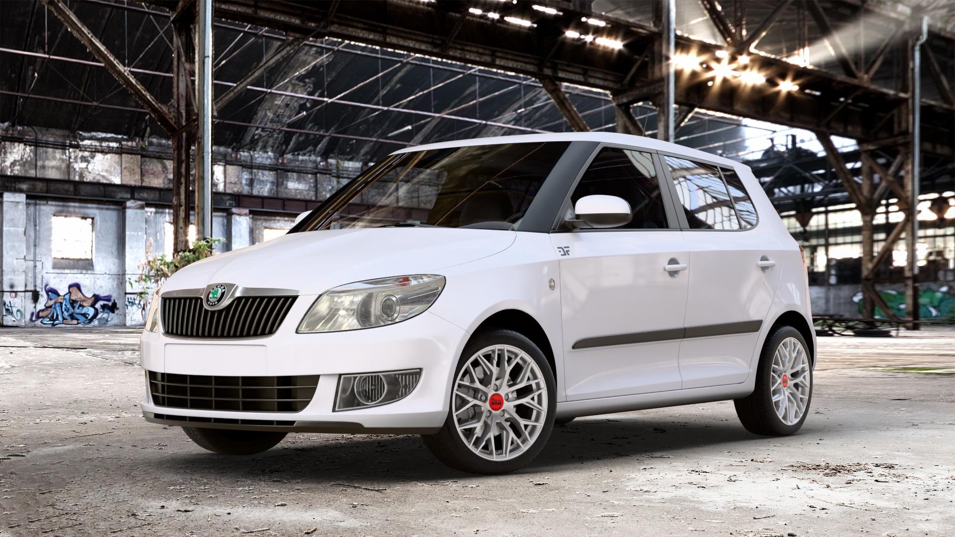 MAM RS4 MATT SILVER PAINTED Felge mit Reifen silber in 16Zoll Winterfelge Alufelge auf weissem Skoda Fabia II Typ 5J Facelift ⬇️ mit 15mm Tieferlegung ⬇️ Old Industrial Hall_max_4400mm_2024 Frontansicht_1
