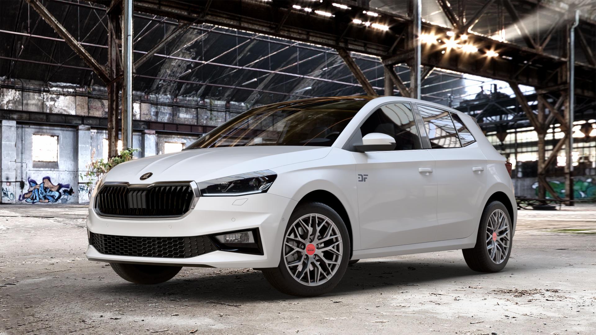MAM RS4 MATT SILVER PAINTED Felge mit Reifen silber in 16Zoll Winterfelge Alufelge auf weissem Skoda Fabia IV Typ PJ ⬇️ mit 15mm Tieferlegung ⬇️ Old Industrial Hall_max_4400mm_2024 Frontansicht_1