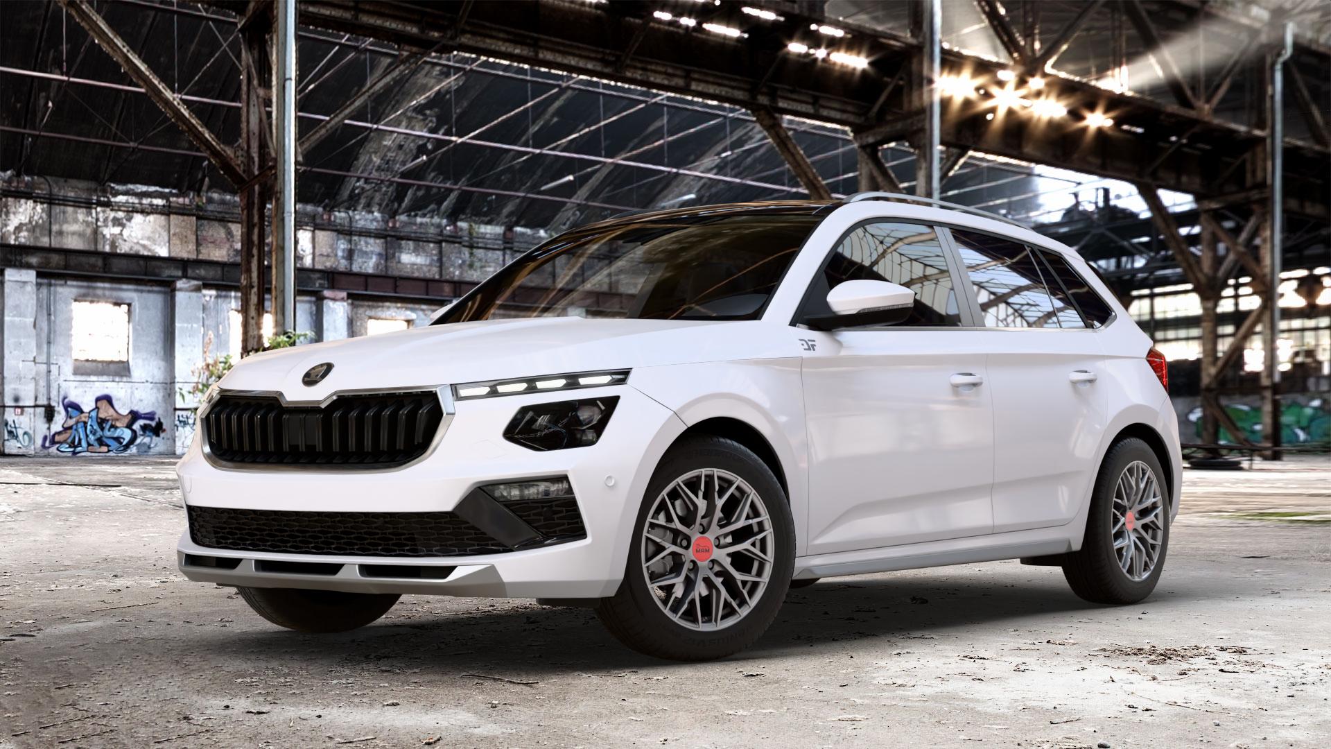 MAM RS4 MATT SILVER PAINTED Felge mit Reifen silber in 16Zoll Winterfelge Alufelge auf weissem Skoda Kamiq Typ NW Facelift 1,0l TSI 70kW (95 PS) 85kW (116 1,5l 110kW (150 ⬇️ mit 15mm Tieferlegung ⬇️ Old Industrial Hall_max_4400mm_2024 Frontansicht_1