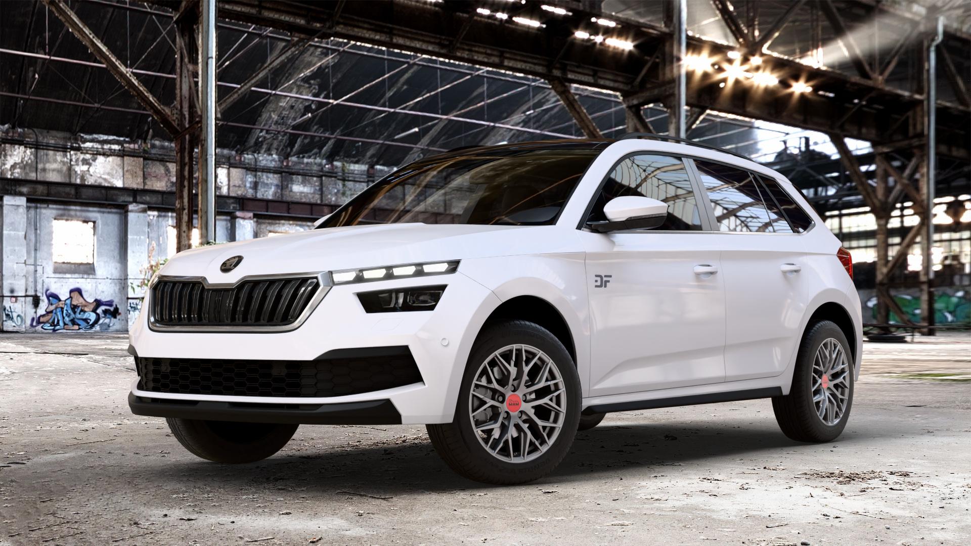 MAM RS4 MATT SILVER PAINTED Felge mit Reifen silber in 16Zoll Winterfelge Alufelge auf weissem Skoda Kamiq Typ NW ⬇️ mit 15mm Tieferlegung ⬇️ Old Industrial Hall_max_4400mm_2024 Frontansicht_1