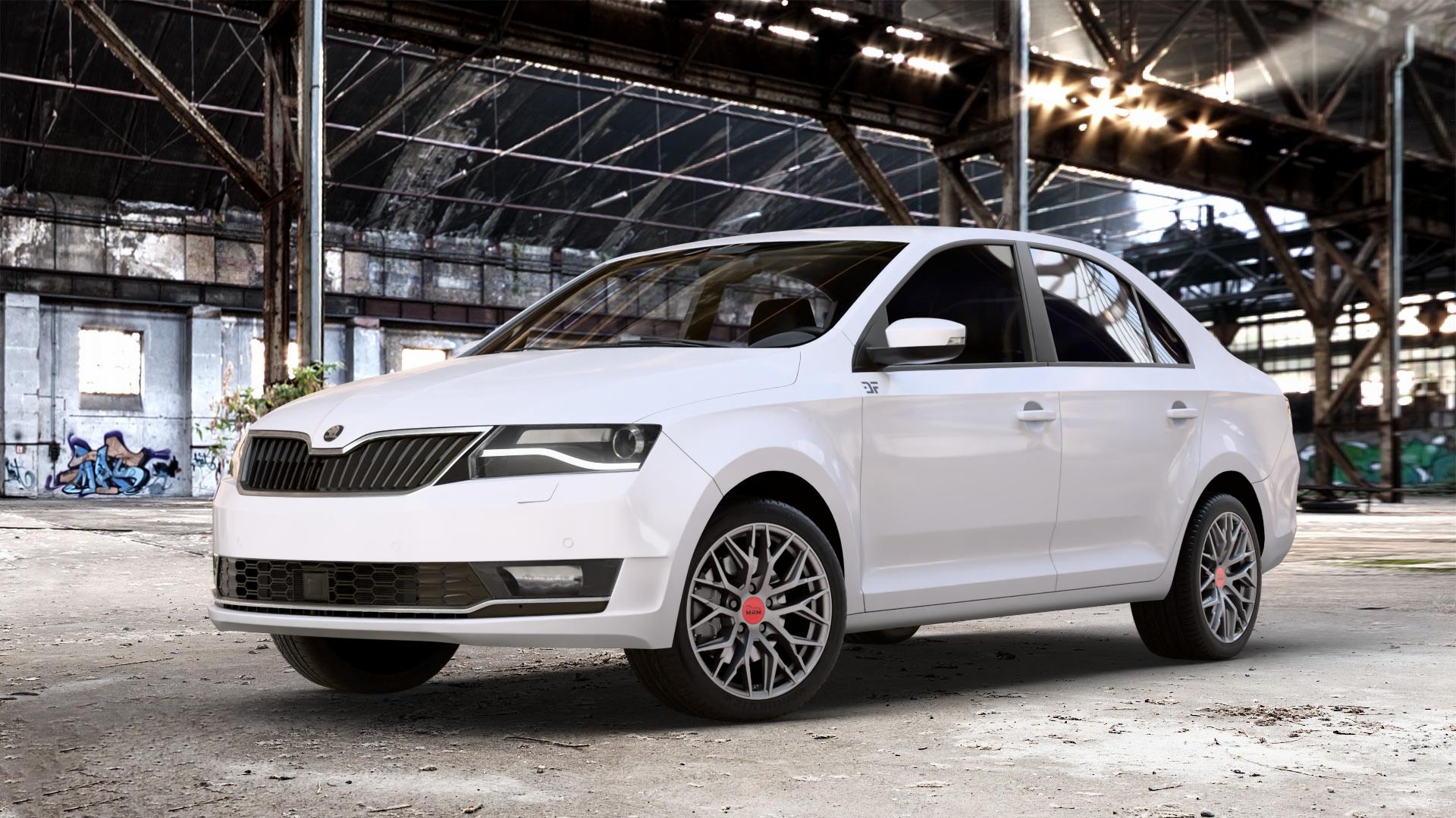MAM RS4 MATT SILVER PAINTED Felge mit Reifen silber in 16Zoll Winterfelge Alufelge auf weissem Skoda Rapid Typ NH Facelift ⬇️ mit 15mm Tieferlegung ⬇️ Old Industrial Hall_max_4400mm_2024 Frontansicht_1