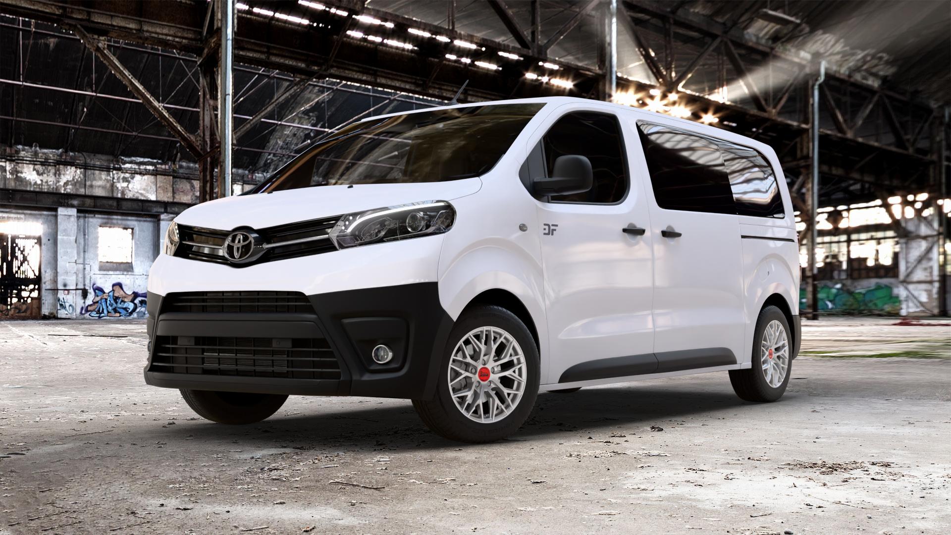 MAM RS4 MATT SILVER PAINTED Felge mit Reifen silber in 16Zoll Winterfelge Alufelge auf weissem Toyota Proace II Verso Typ V ⬇️ mit 15mm Tieferlegung ⬇️ Old Industrial Hall_max_5300mm_2024 Frontansicht_1
