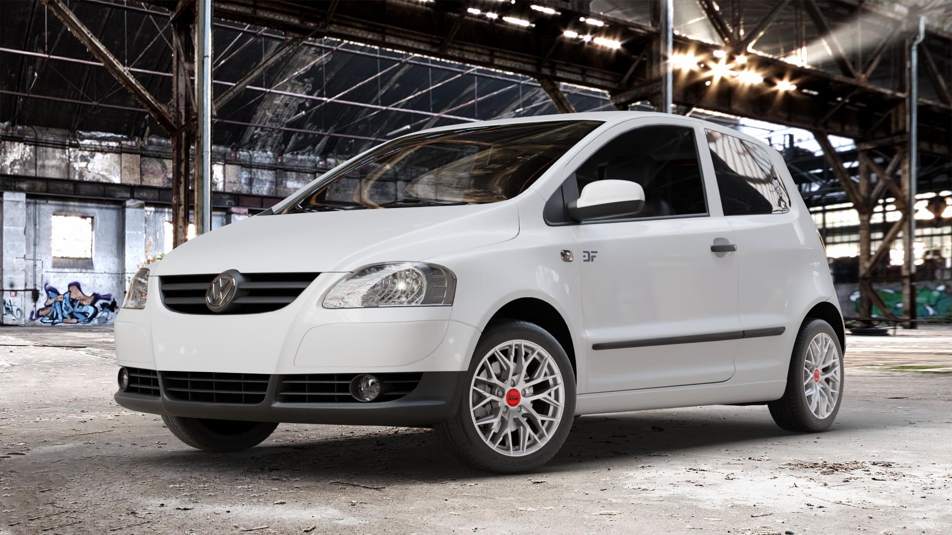 MAM RS4 MATT SILVER PAINTED Felge mit Reifen silber in 16Zoll Winterfelge Alufelge auf weissem Volkswagen (VW) Fox ⬇️ mit 15mm Tieferlegung ⬇️ Old Industrial Hall_max_4400mm_2024 Frontansicht_1