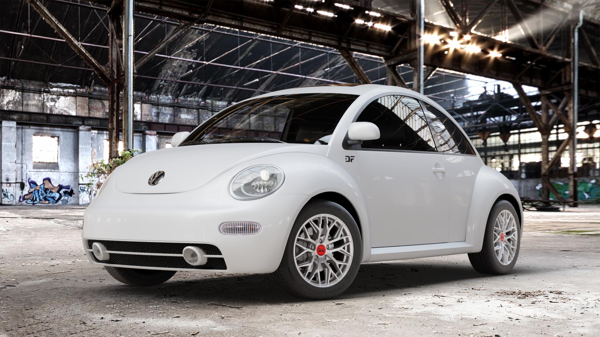 MAM RS4 MATT SILVER PAINTED Felge mit Reifen silber in 16Zoll Winterfelge Alufelge auf weissem Volkswagen (VW) New Beetle Typ 9C ⬇️ mit 15mm Tieferlegung ⬇️ Old Industrial Hall_max_4400mm_2024 Frontansicht_1