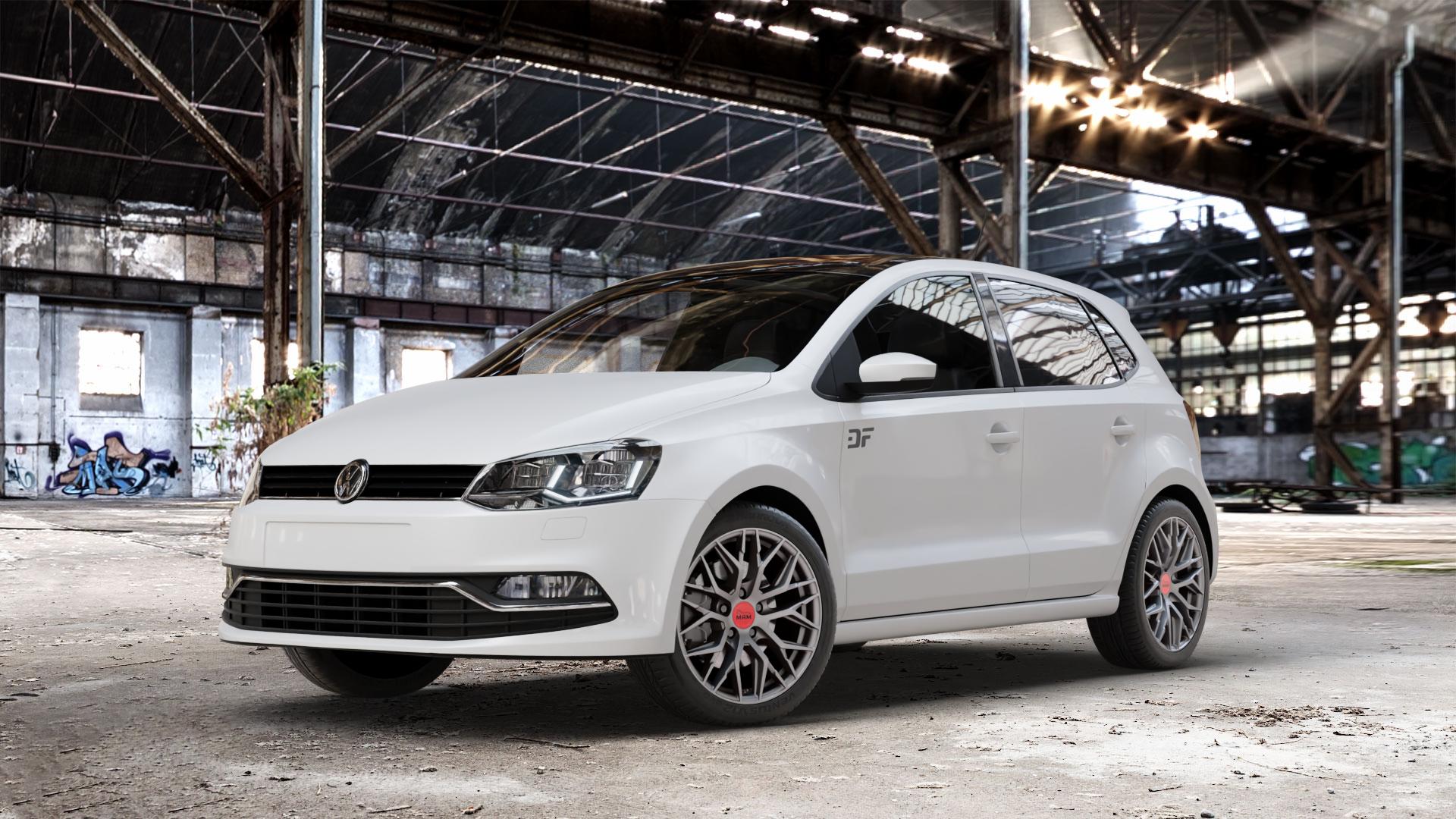 MAM RS4 MATT SILVER PAINTED Felge mit Reifen silber in 16Zoll Winterfelge Alufelge auf weissem Volkswagen (VW) Polo V Typ 6C ⬇️ mit 15mm Tieferlegung ⬇️ Old Industrial Hall_max_4400mm_2024 Frontansicht_1