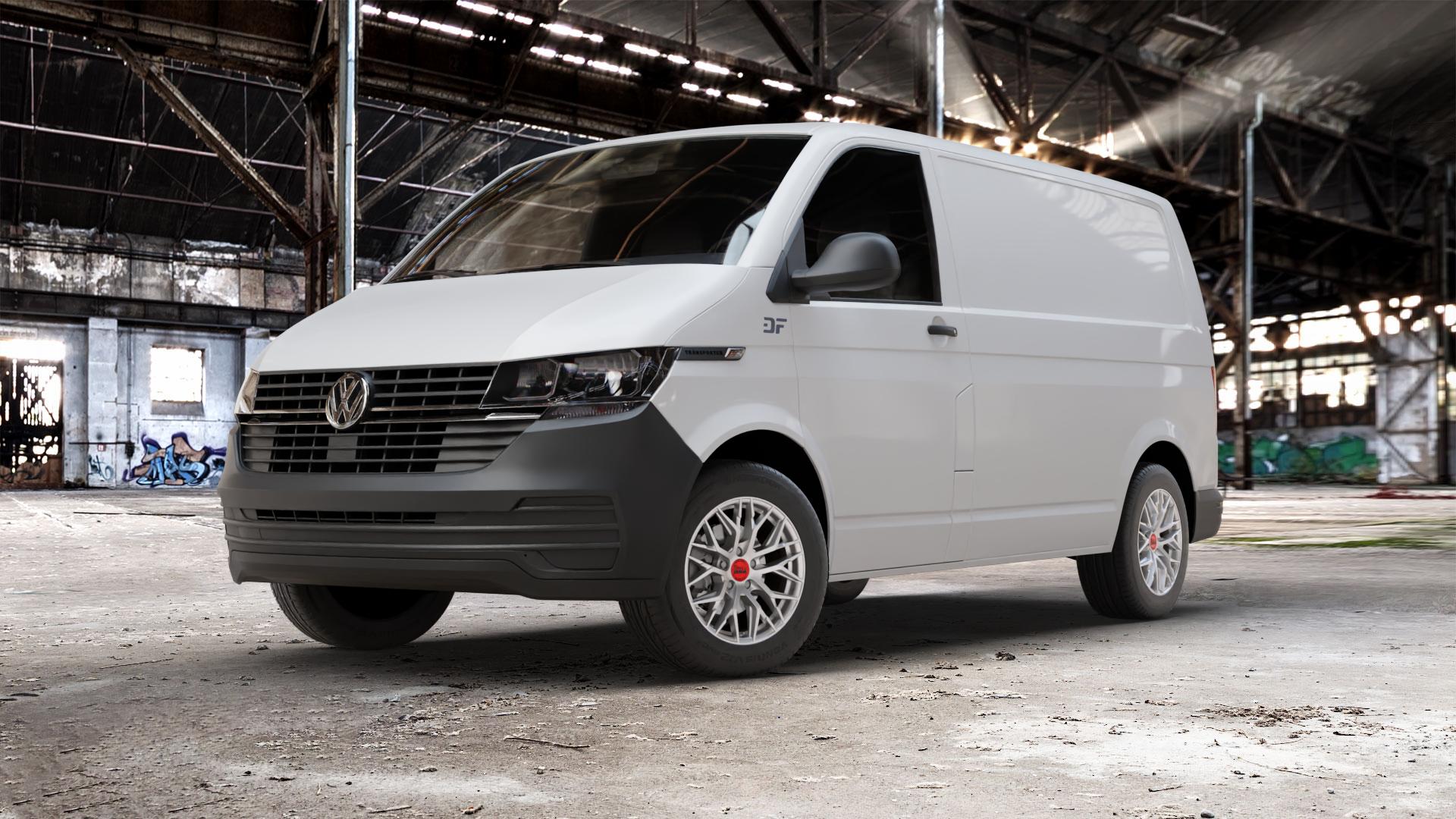 MAM RS4 MATT SILVER PAINTED Felge mit Reifen silber in 16Zoll Winterfelge Alufelge auf weissem Volkswagen (VW) T6.1 Kastenwagen ⬇️ mit 15mm Tieferlegung ⬇️ Old Industrial Hall_max_5300mm_2024 Frontansicht_1