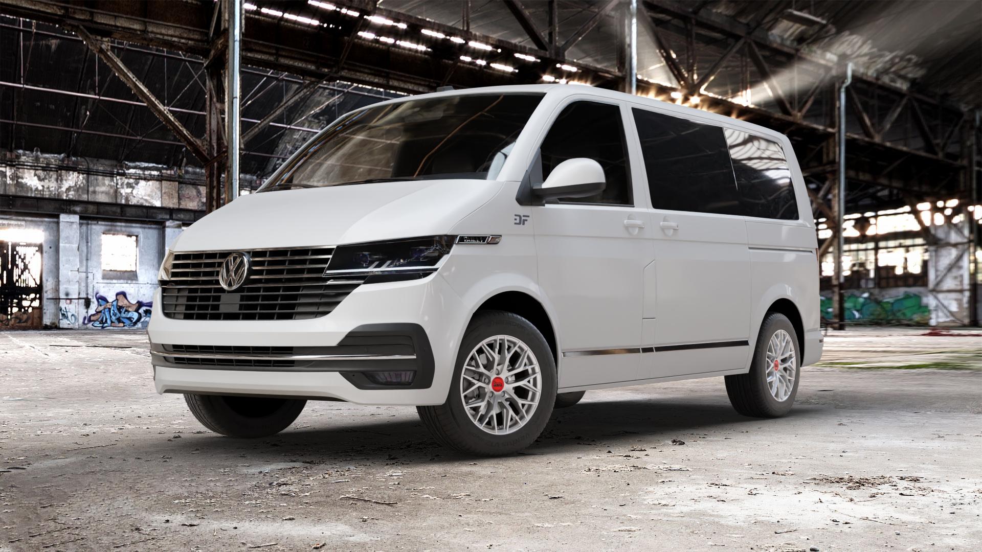 MAM RS4 MATT SILVER PAINTED Felge mit Reifen silber in 16Zoll Winterfelge Alufelge auf weissem Volkswagen (VW) T6.1 Kombi Multivan ⬇️ mit 15mm Tieferlegung ⬇️ Old Industrial Hall_max_5300mm_2024 Frontansicht_1