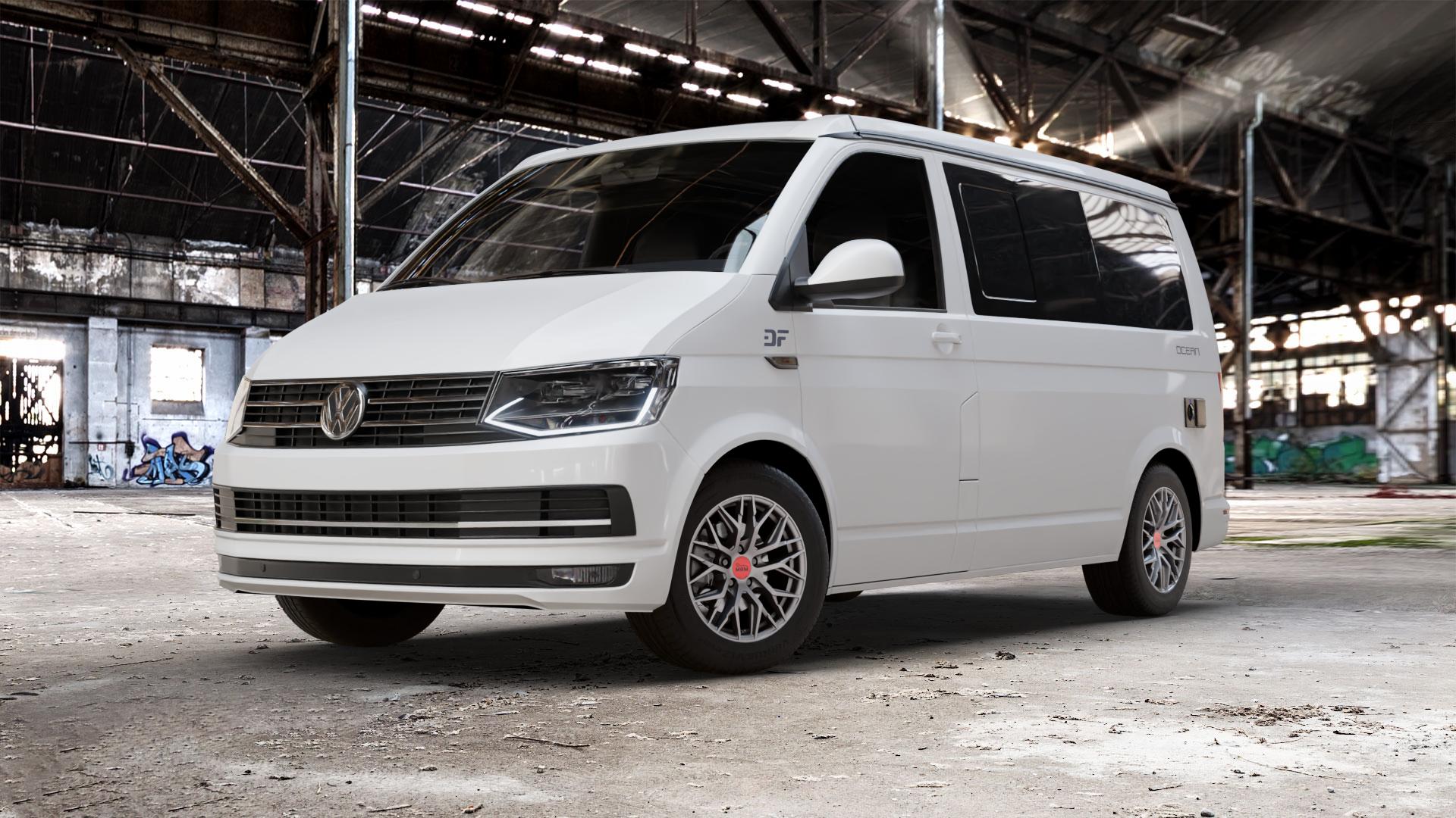 MAM RS4 MATT SILVER PAINTED Felge mit Reifen silber in 16Zoll Winterfelge Alufelge auf weissem Volkswagen (VW) T6 California Beach ⬇️ mit 15mm Tieferlegung ⬇️ Old Industrial Hall_max_5300mm_2024 Frontansicht_1