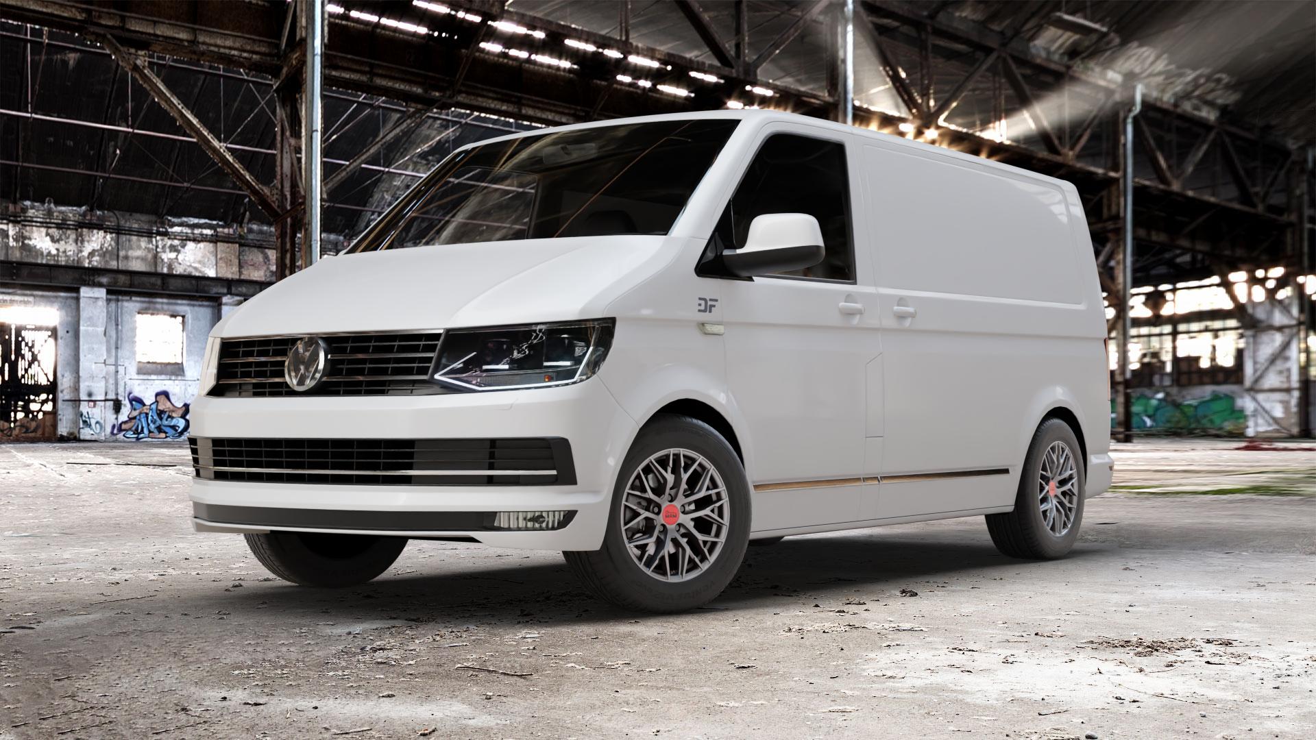 MAM RS4 MATT SILVER PAINTED Felge mit Reifen silber in 16Zoll Winterfelge Alufelge auf weissem Volkswagen (VW) T6 Kastenwagen ⬇️ mit 15mm Tieferlegung ⬇️ Old Industrial Hall_max_5300mm_2024 Frontansicht_1