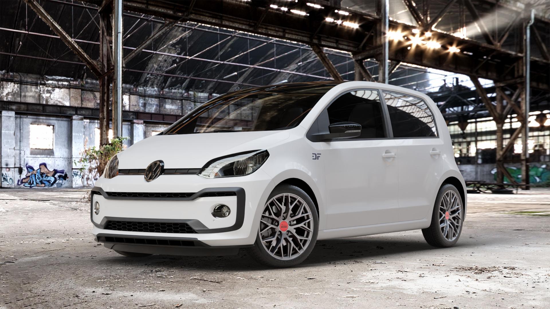 MAM RS4 MATT SILVER PAINTED Felge mit Reifen silber in 16Zoll Winterfelge Alufelge auf weissem Volkswagen (VW) UP Facelift ⬇️ mit 15mm Tieferlegung ⬇️ Old Industrial Hall_max_4400mm_2024 Frontansicht_1