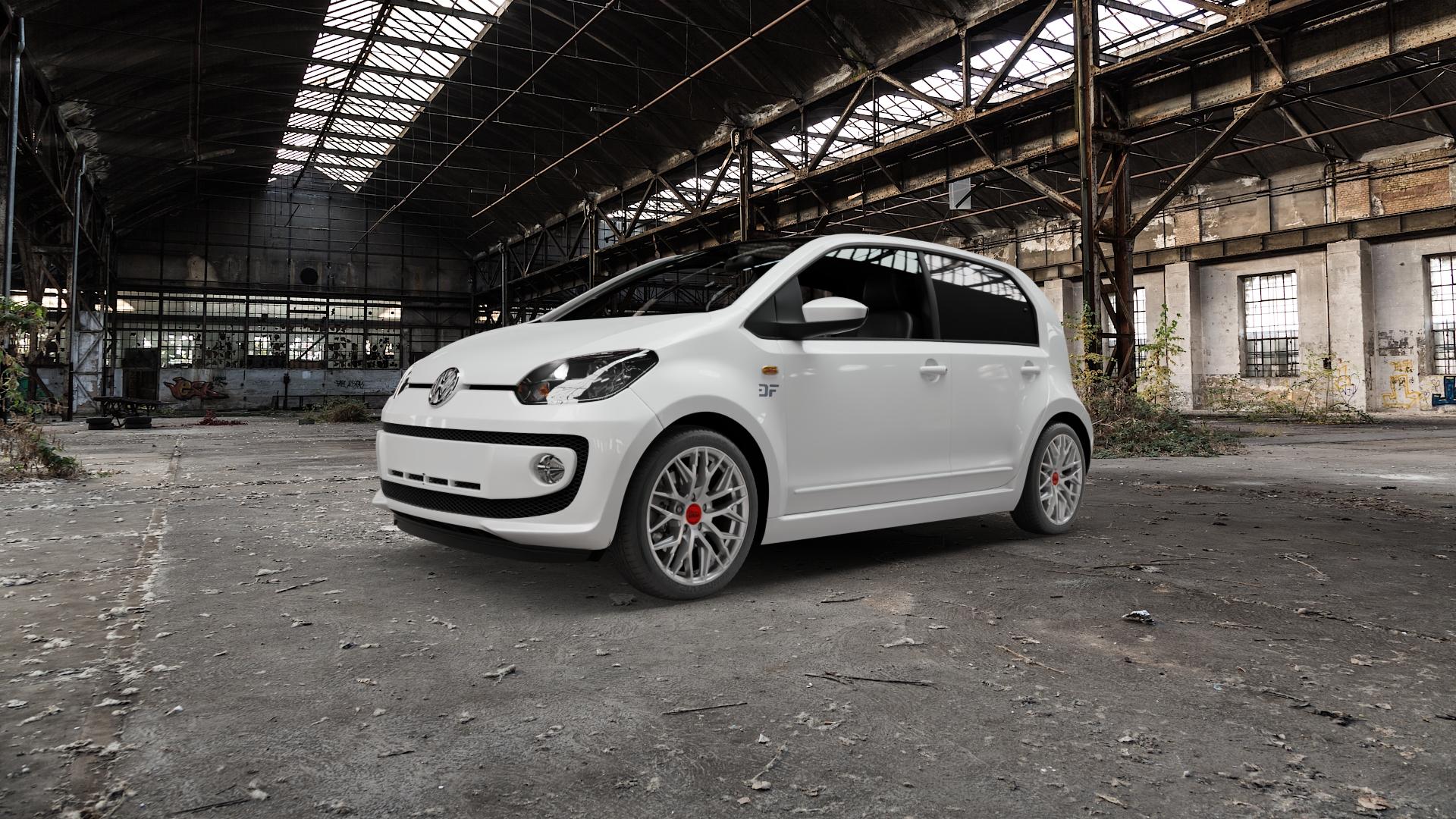 MAM RS4 MATT SILVER PAINTED Felge mit Reifen silber in 16Zoll Winterfelge Alufelge auf weissem Volkswagen (VW) UP ⬇️ mit 15mm Tieferlegung ⬇️ Old Industrial Hall_max5000mm_2022 Frontansicht_1