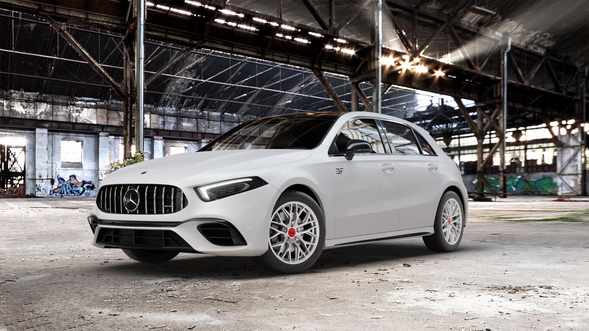 MAM RS4 MATT SILVER PAINTED Felge mit Reifen silber in 17Zoll Winterfelge Alufelge auf weissem Mercedes A-Klasse IV Typ 177 (F2A) Schrägheck 2,0l AMG A 35 4Matic 225kW (306 PS) 45 285kW (387 S 310kW (421 Facelift Mild-Hybrid ⬇️ mit 15mm Tieferlegung ⬇️ Old Industrial Hall_max_5300mm_2024 Frontansicht_1