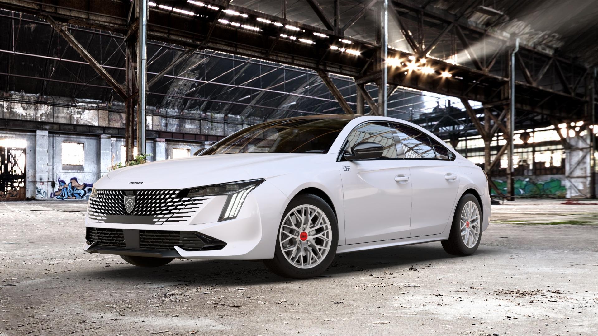 MAM RS4 MATT SILVER PAINTED Felge mit Reifen silber in 17Zoll Winterfelge Alufelge auf weissem Peugeot 508 Typ F Limousine Facelift ⬇️ mit 15mm Tieferlegung ⬇️ Old Industrial Hall_max_5300mm_2024 Frontansicht_1