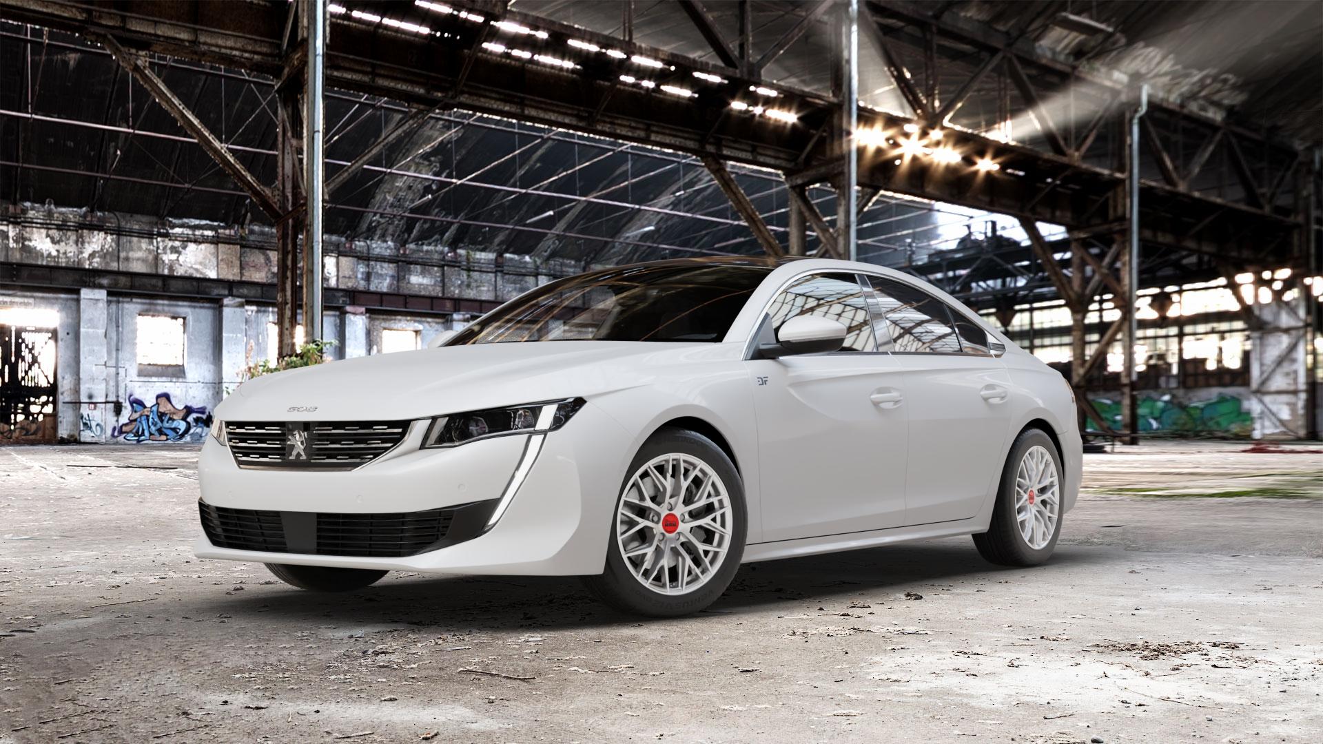 MAM RS4 MATT SILVER PAINTED Felge mit Reifen silber in 17Zoll Winterfelge Alufelge auf weissem Peugeot 508 Typ F Limousine ⬇️ mit 15mm Tieferlegung ⬇️ Old Industrial Hall_max_5300mm_2024 Frontansicht_1