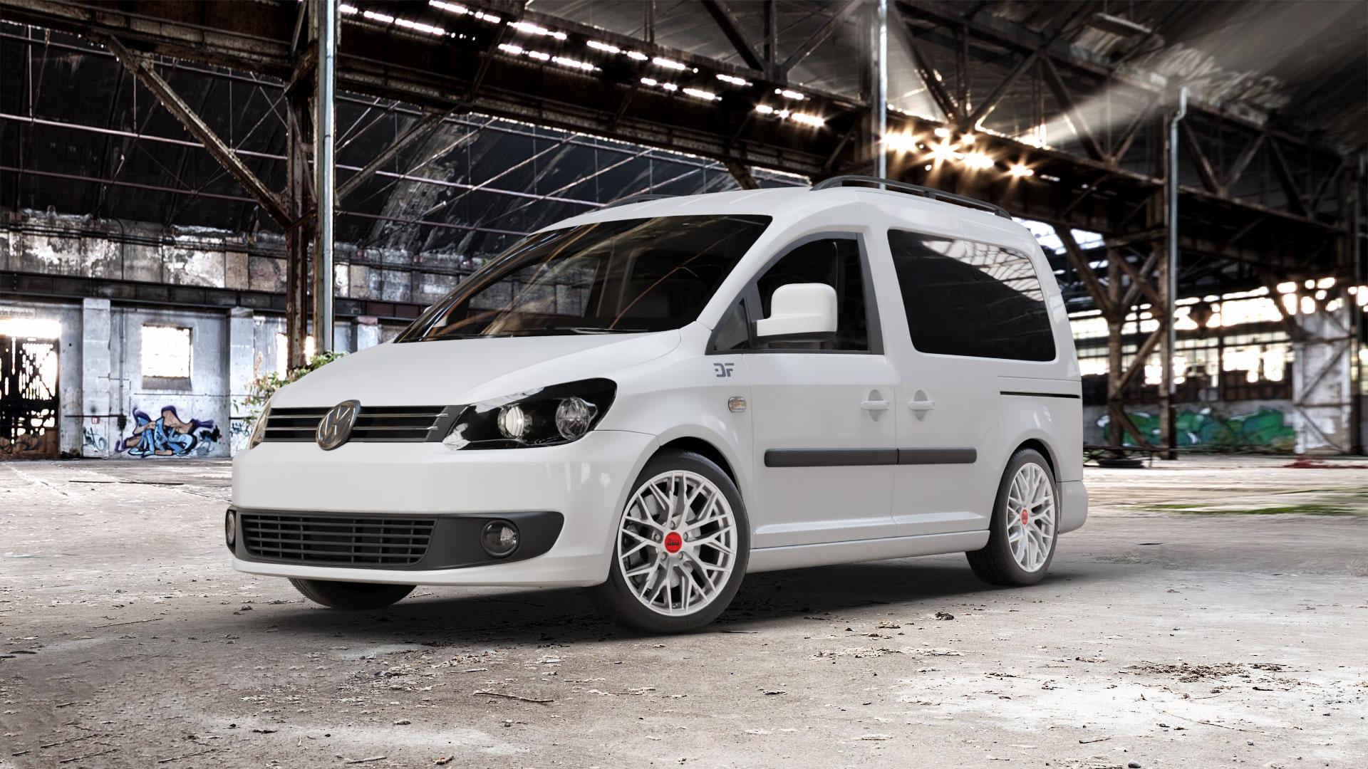 MAM RS4 MATT SILVER PAINTED Felge mit Reifen silber in 17Zoll Winterfelge Alufelge auf weissem Volkswagen (VW) Caddy 3 ⬇️ mit 15mm Tieferlegung ⬇️ Old Industrial Hall_max_5300mm_2024 Frontansicht_1