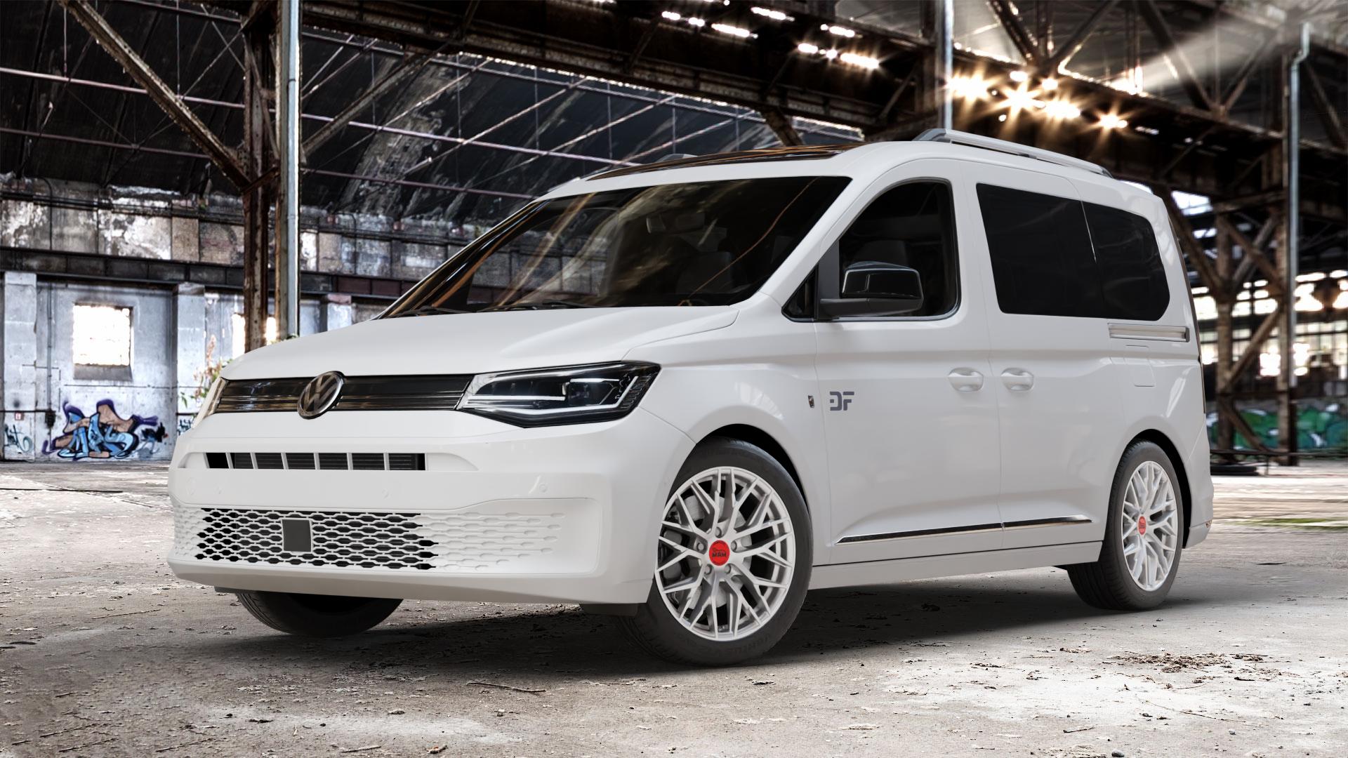 MAM RS4 MATT SILVER PAINTED Felge mit Reifen silber in 17Zoll Winterfelge Alufelge auf weissem Volkswagen (VW) Caddy 5 Typ SK SKN Transporter Wohnmobil ⬇️ mit 15mm Tieferlegung ⬇️ Old Industrial Hall_max_4400mm_2024 Frontansicht_1