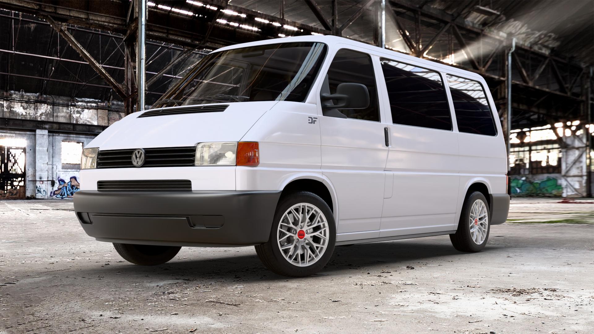 MAM RS4 MATT SILVER PAINTED Felge mit Reifen silber in 17Zoll Winterfelge Alufelge auf weissem Volkswagen (VW) T4 California Caravelle Kleinbus Multivan Krankenwagen ⬇️ mit 15mm Tieferlegung ⬇️ Old Industrial Hall_max_5300mm_2024 Frontansicht_1