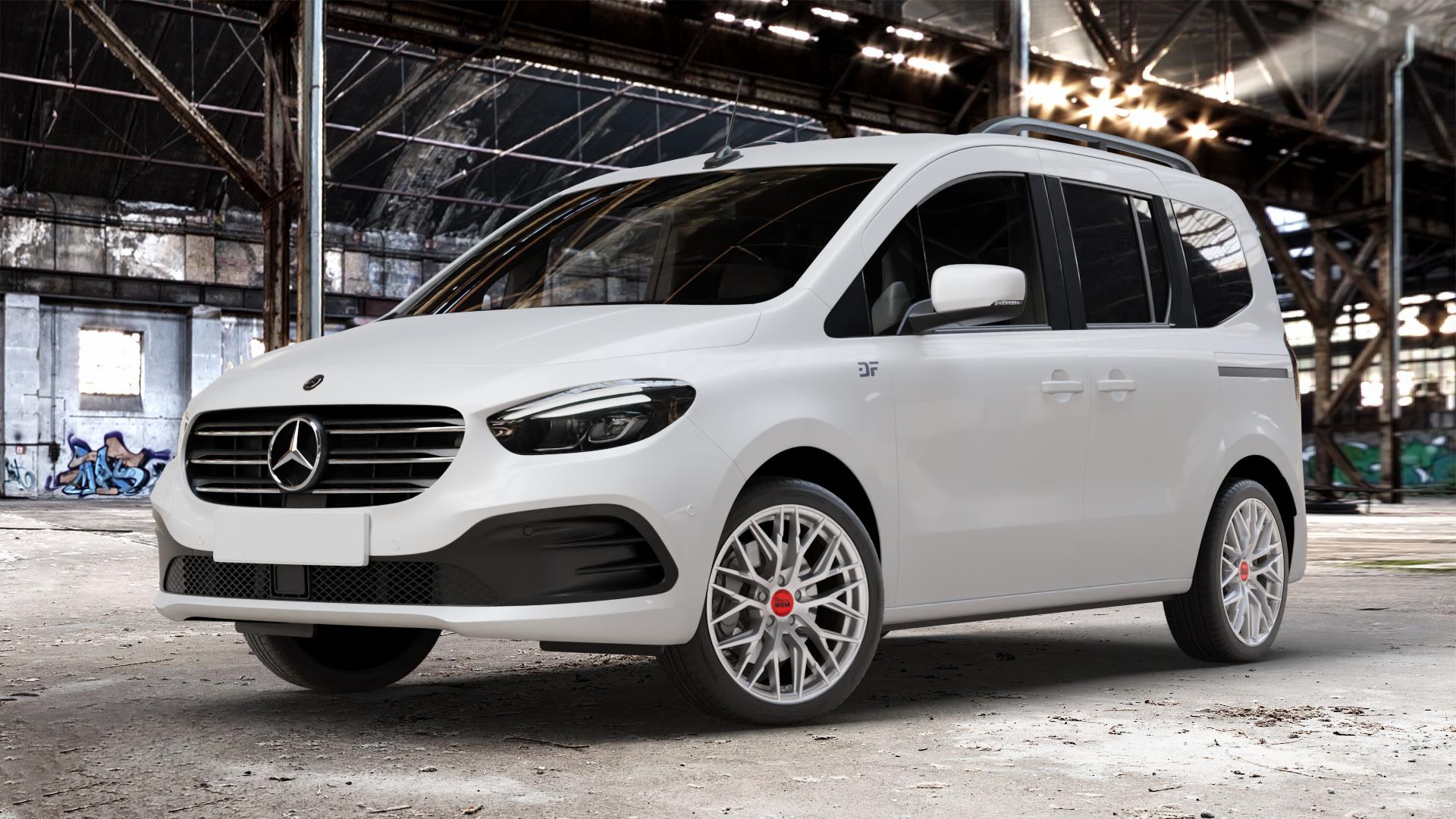 MAM RS4 MATT SILVER PAINTED Felge mit Reifen silber in 18Zoll Winterfelge Alufelge auf weissem Mercedes T-Klasse Typ MFK ⬇️ mit 15mm Tieferlegung ⬇️ Old Industrial Hall_max_4400mm_2024 Frontansicht_1