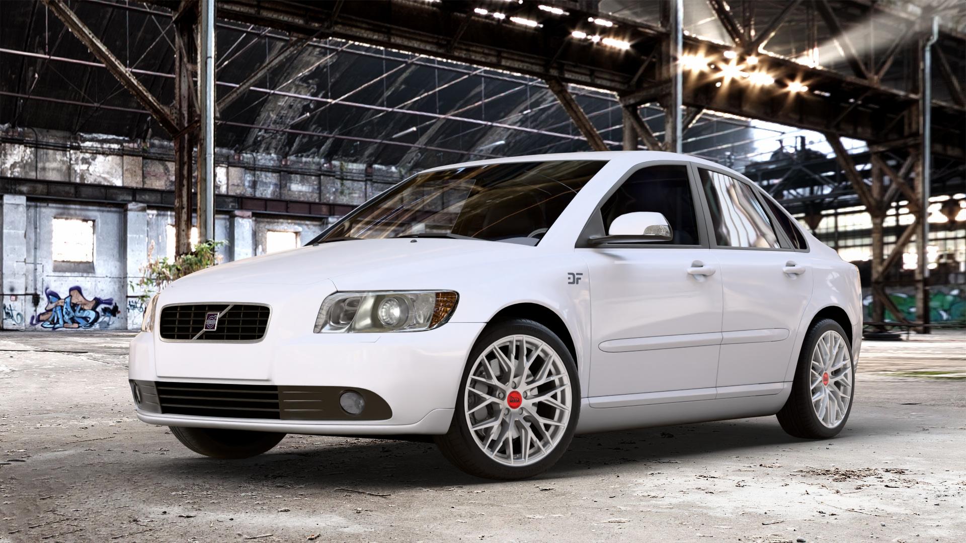 MAM RS4 MATT SILVER PAINTED Felge mit Reifen silber in 18Zoll Winterfelge Alufelge auf weissem Volvo S40 II Typ M ⬇️ mit 15mm Tieferlegung ⬇️ Old Industrial Hall_max_4400mm_2024 Frontansicht_1