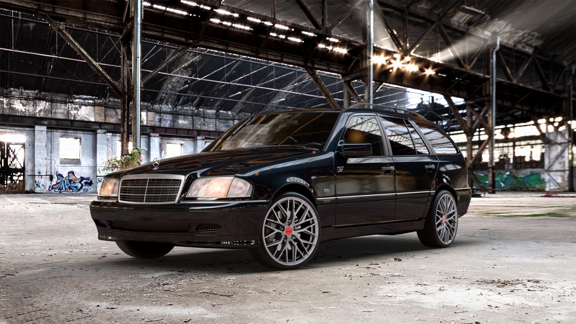 MAM RS4 MATT SILVER PAINTED Felge mit Reifen silber in 19Zoll Winterfelge Alufelge auf metallic schwarzem Mercedes C-Klasse Typ S202 Kombi ⬇️ mit 15mm Tieferlegung ⬇️ Old Industrial Hall_max_5300mm_2024 Frontansicht_1