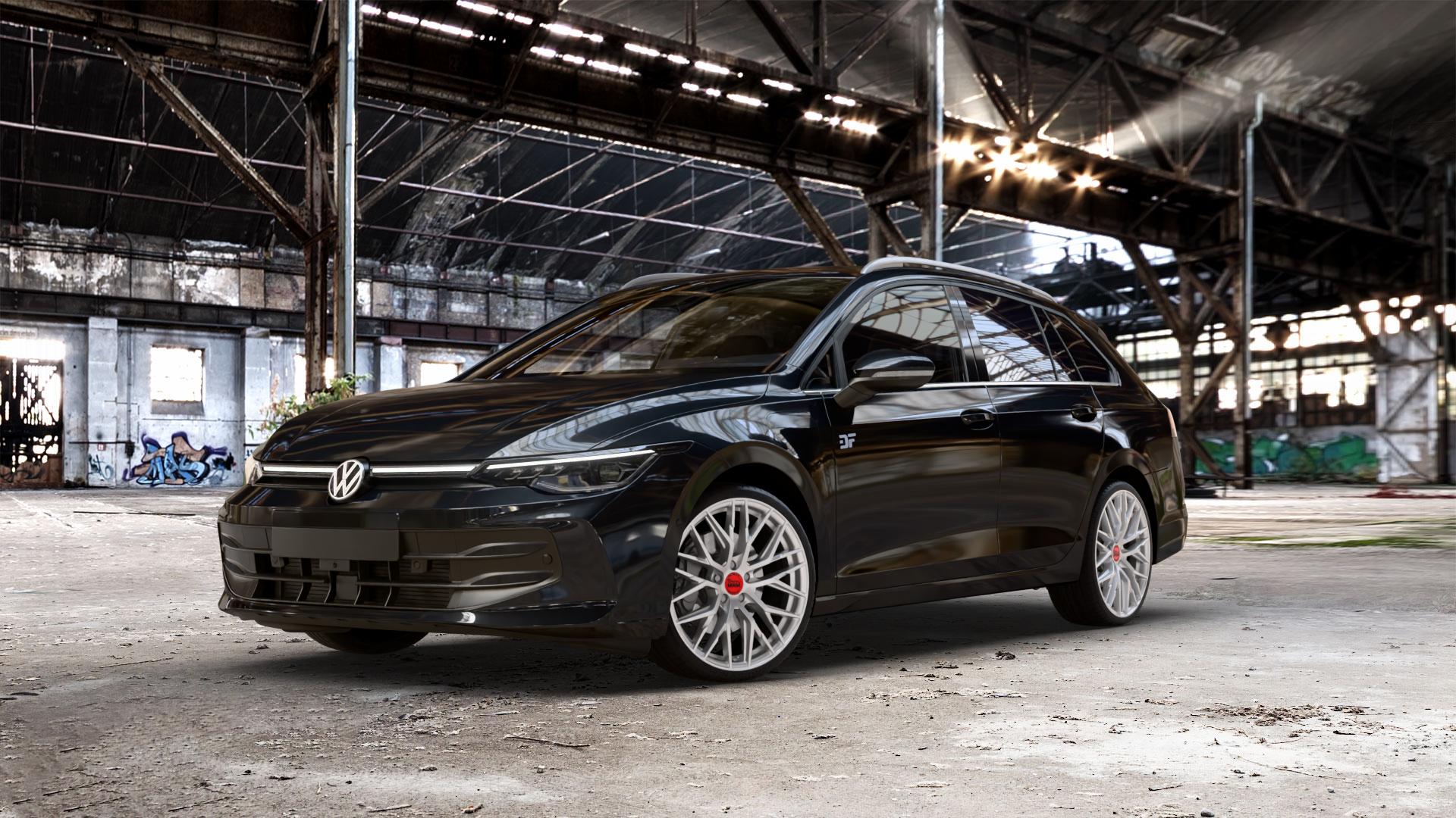 MAM RS4 MATT SILVER PAINTED Felge mit Reifen silber in 19Zoll Winterfelge Alufelge auf schwarzem Volkswagen (VW) Golf 8 Variant Facelift ⬇️ mit 15mm Tieferlegung ⬇️ Old Industrial Hall_max_5300mm_2024 Frontansicht_1