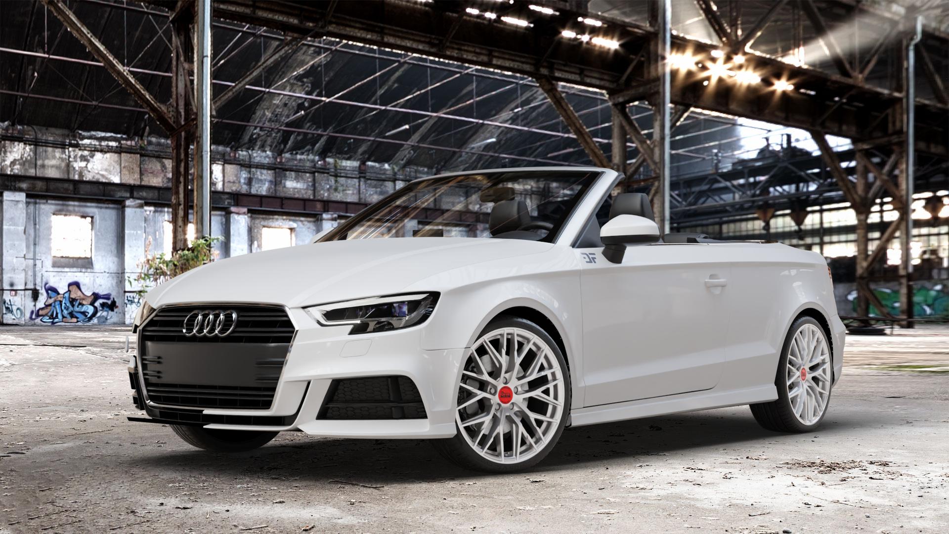 MAM RS4 MATT SILVER PAINTED Felge mit Reifen silber in 19Zoll Winterfelge Alufelge auf weissem Audi A3 Typ 8V (Cabriolet) Facelift ⬇️ mit 15mm Tieferlegung ⬇️ Old Industrial Hall_max_4400mm_2024 Frontansicht_1