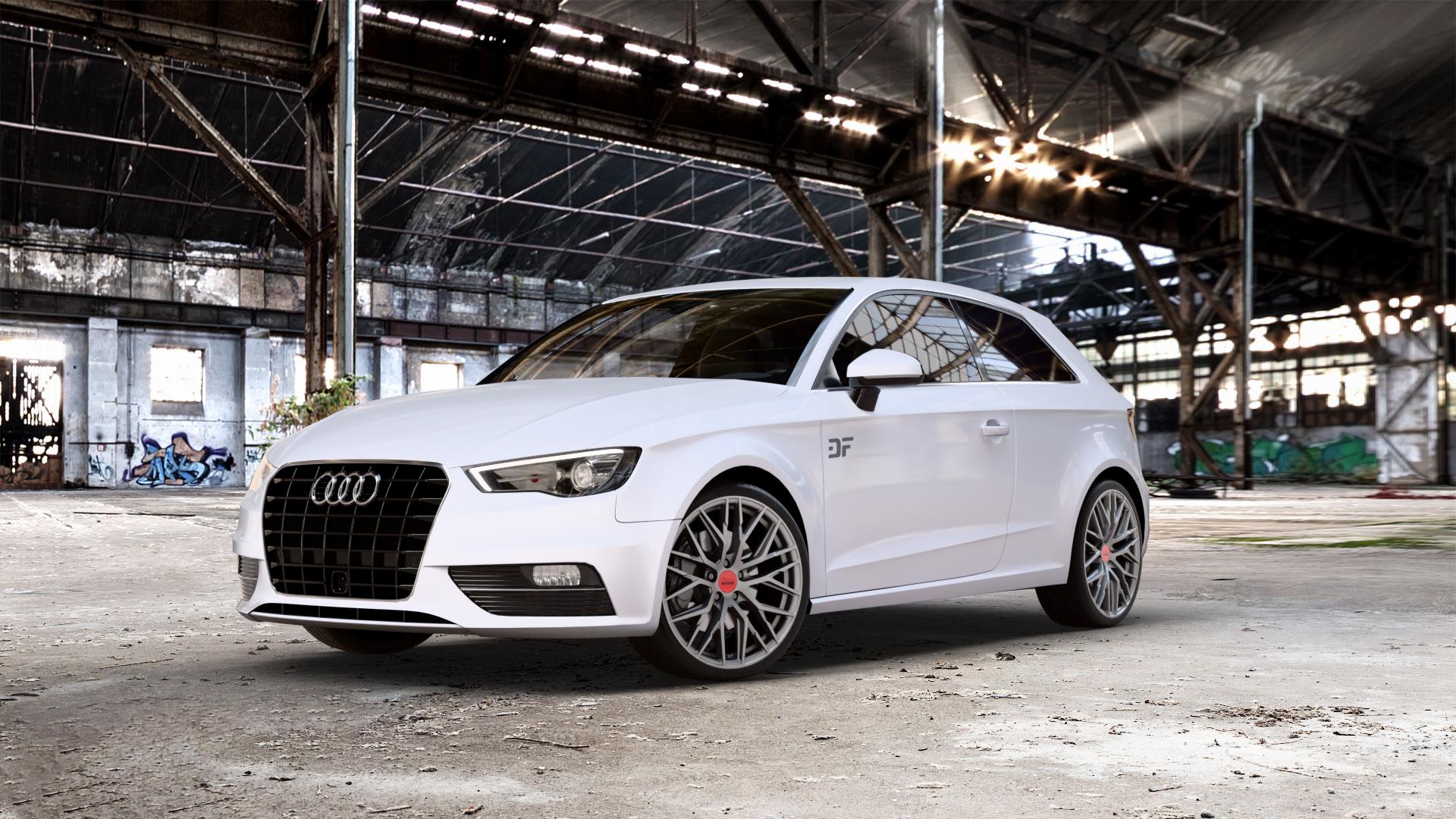 MAM RS4 MATT SILVER PAINTED Felge mit Reifen silber in 19Zoll Winterfelge Alufelge auf weissem Audi A3 Typ 8V ⬇️ mit 15mm Tieferlegung ⬇️ Old Industrial Hall_max_5300mm_2024 Frontansicht_1