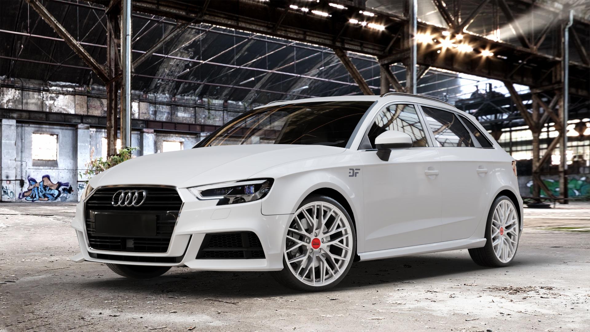 MAM RS4 MATT SILVER PAINTED Felge mit Reifen silber in 19Zoll Winterfelge Alufelge auf weissem Audi A3 Typ 8V (Sportback) Facelift ⬇️ mit 15mm Tieferlegung ⬇️ Old Industrial Hall_max_4400mm_2024 Frontansicht_1