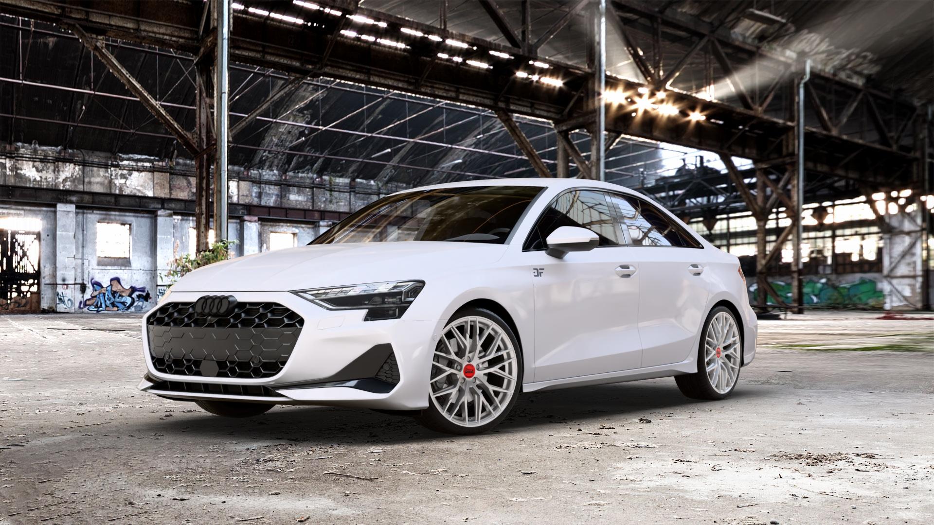 MAM RS4 MATT SILVER PAINTED Felge mit Reifen silber in 19Zoll Winterfelge Alufelge auf weissem Audi A3 Typ GY (Limousine) Facelift 1,5l 30 TFSI 85kW (116 PS) Mild-Hybrid 35 110kW (150 2,0l TDI ⬇️ mit 15mm Tieferlegung ⬇️ Old Industrial Hall_max_5300mm_2024 Frontansicht_1